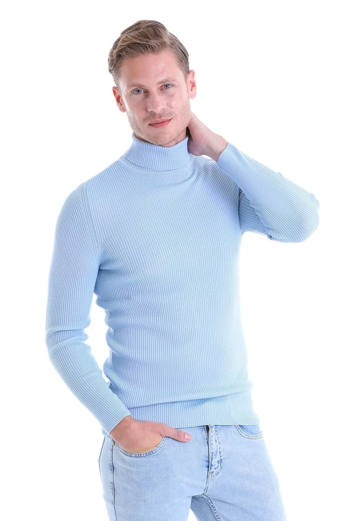 Comfort Fit Wool Blend Blue Turtleneck Sweater