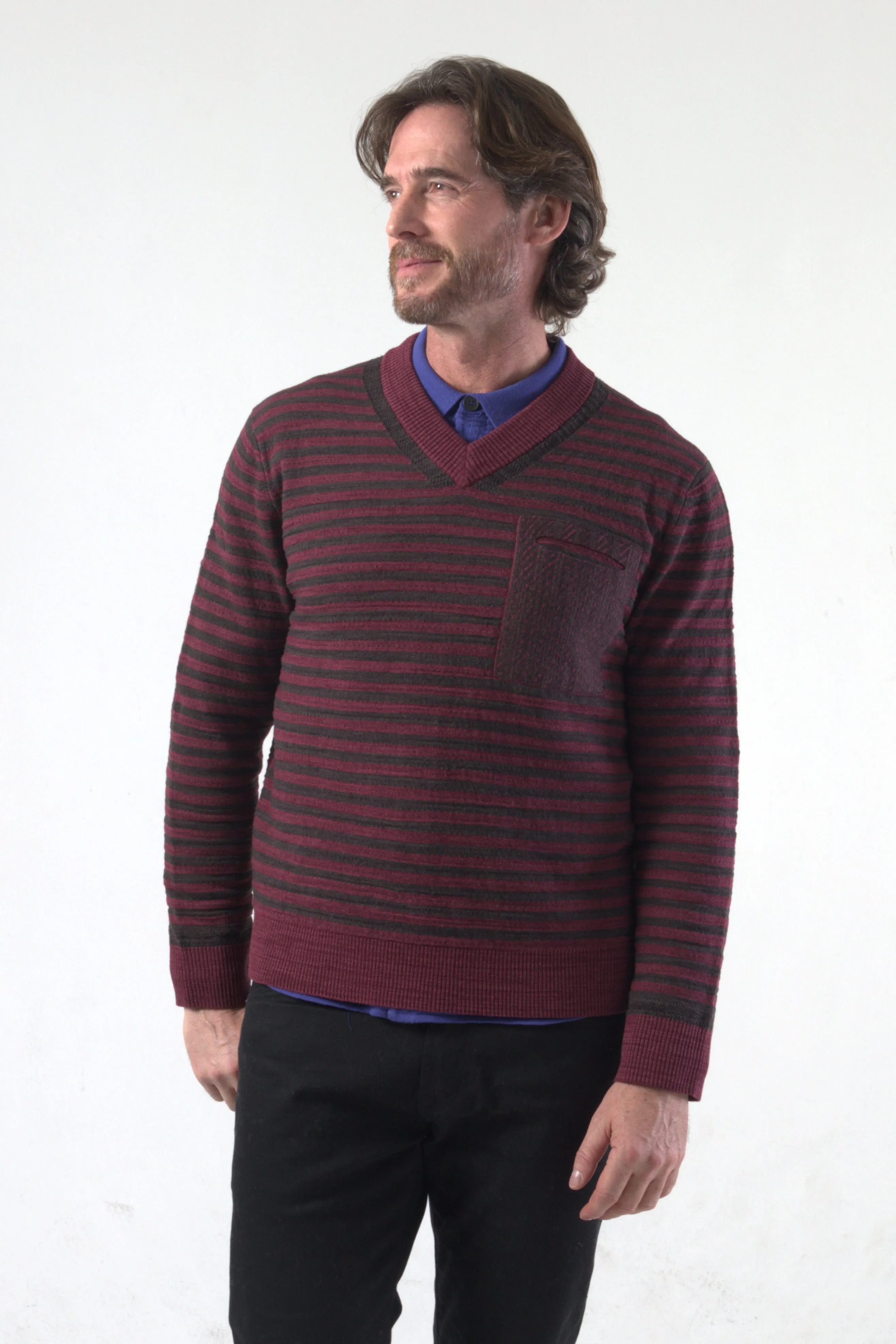 Cotton Bamboo Double Knit Stripe V Neck Knitted Pullover