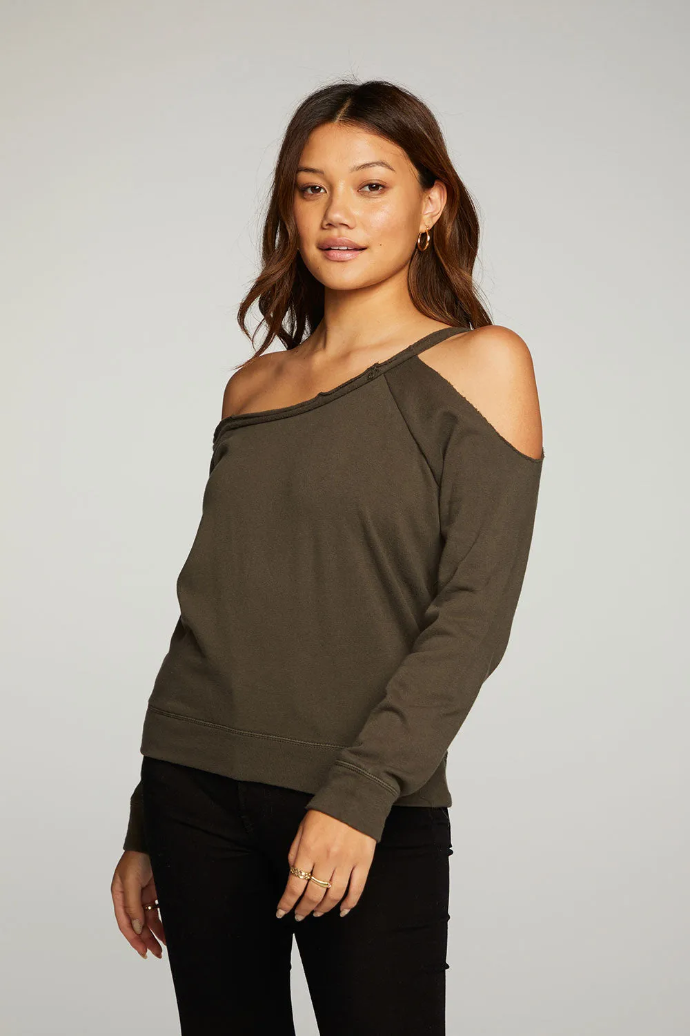 Cotton Fleece Vented Off Shoulder Long Sleeve Raglan Pullover