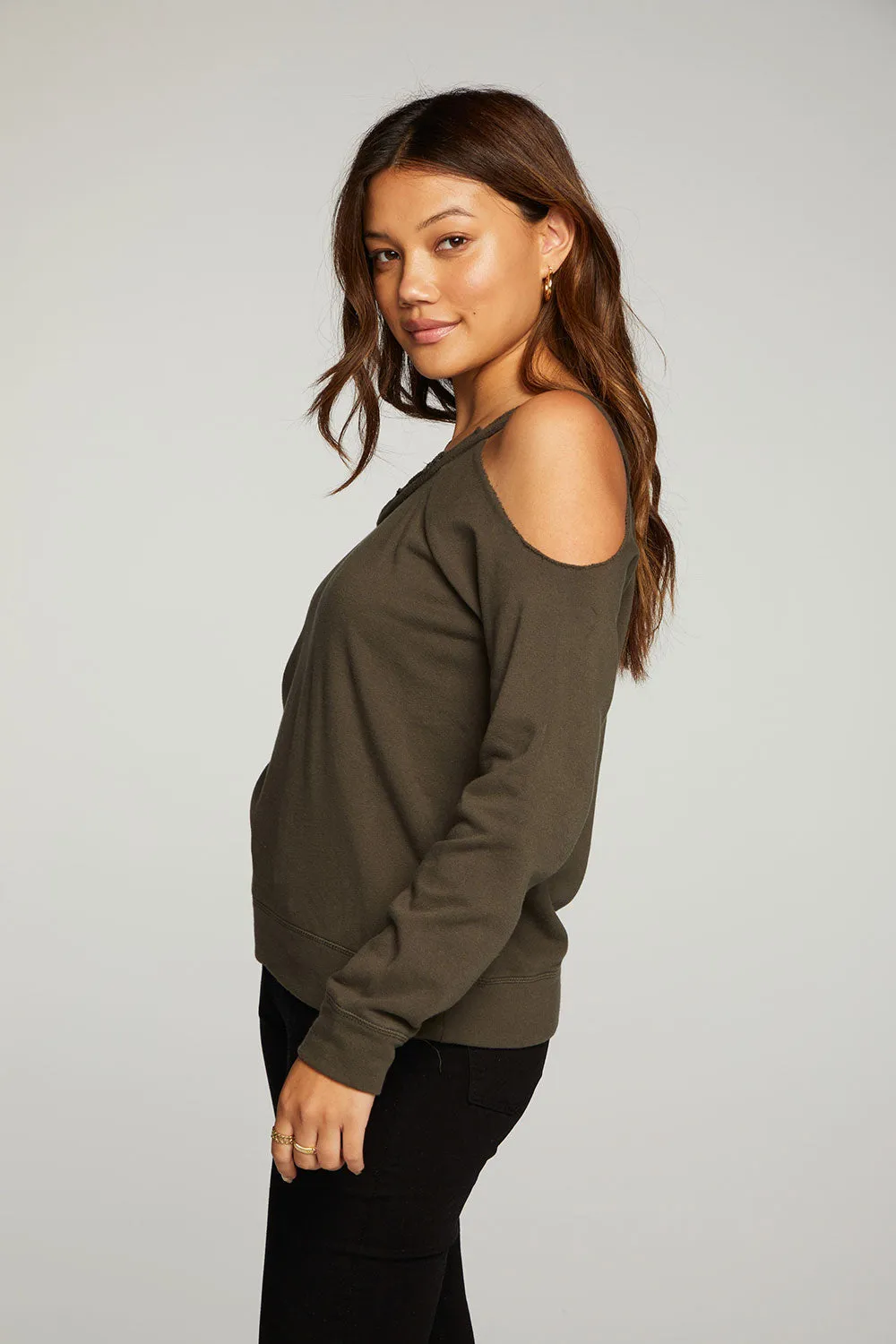 Cotton Fleece Vented Off Shoulder Long Sleeve Raglan Pullover