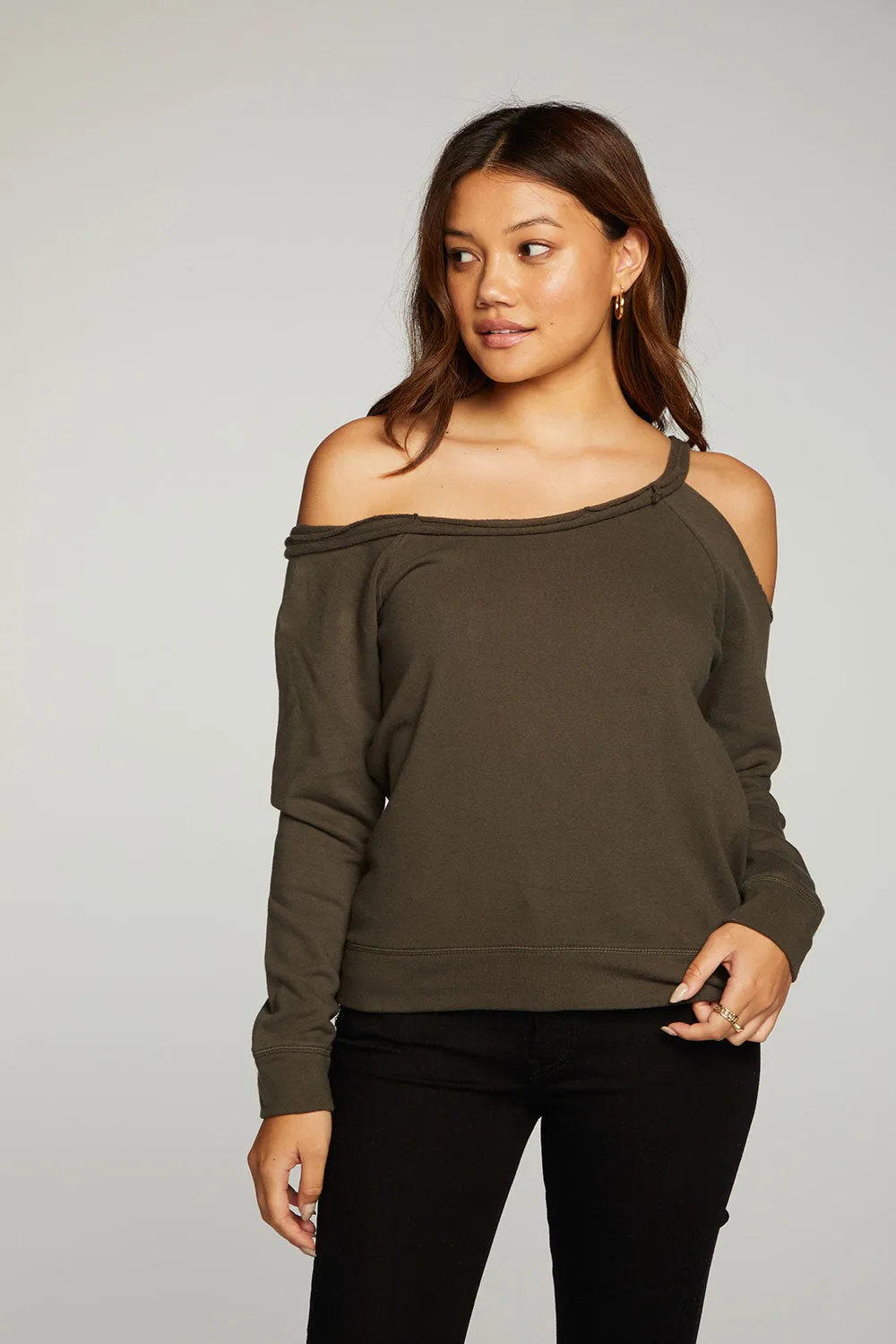 Cotton Fleece Vented Off Shoulder Long Sleeve Raglan Pullover