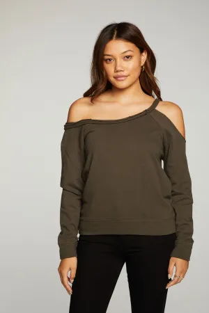 Cotton Fleece Vented Off Shoulder Long Sleeve Raglan Pullover