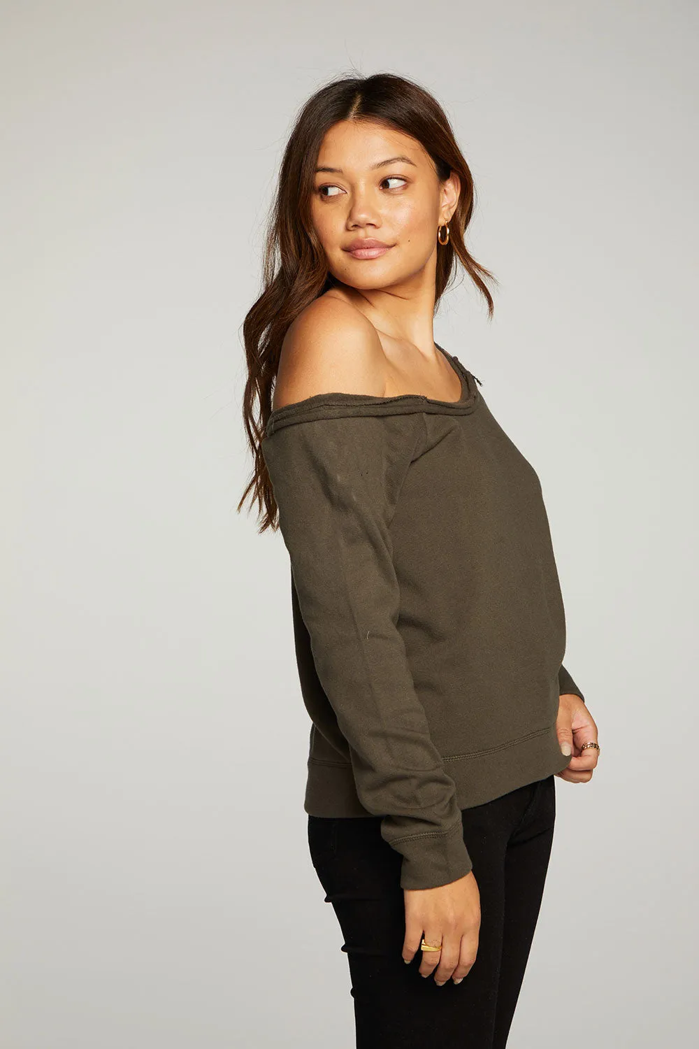 Cotton Fleece Vented Off Shoulder Long Sleeve Raglan Pullover