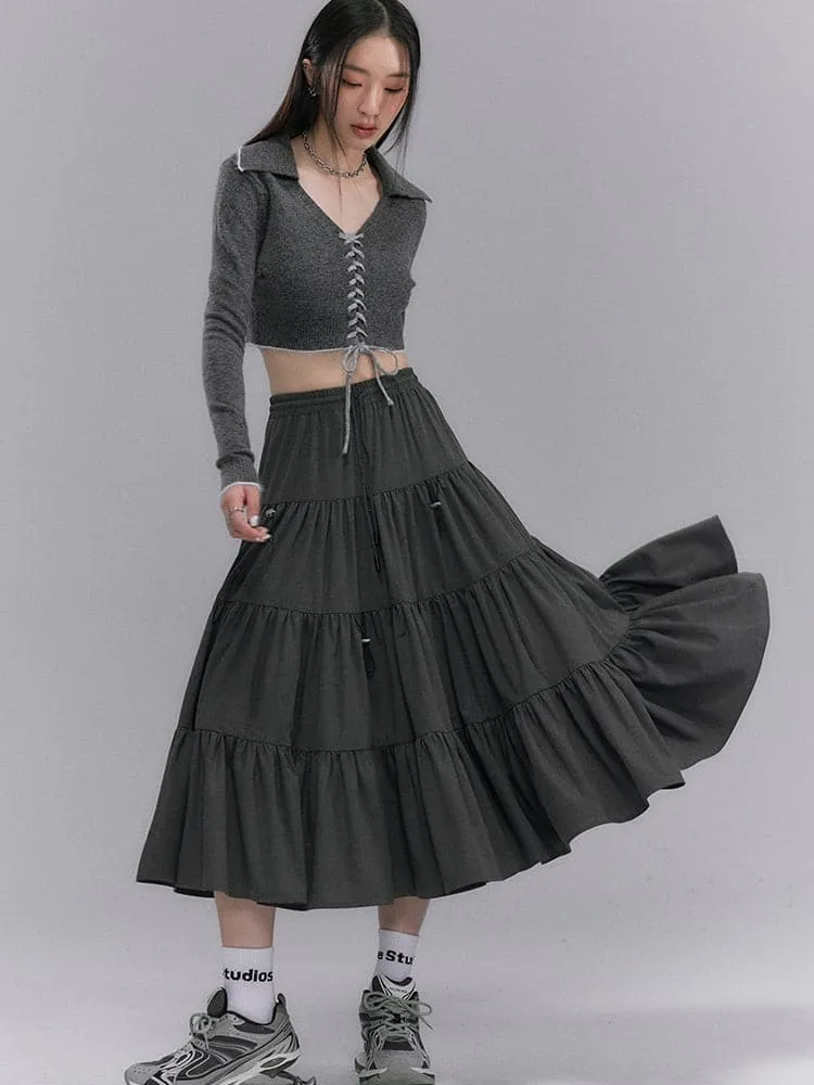 Crumply Flare Drawstring Tiered Long-Skirt