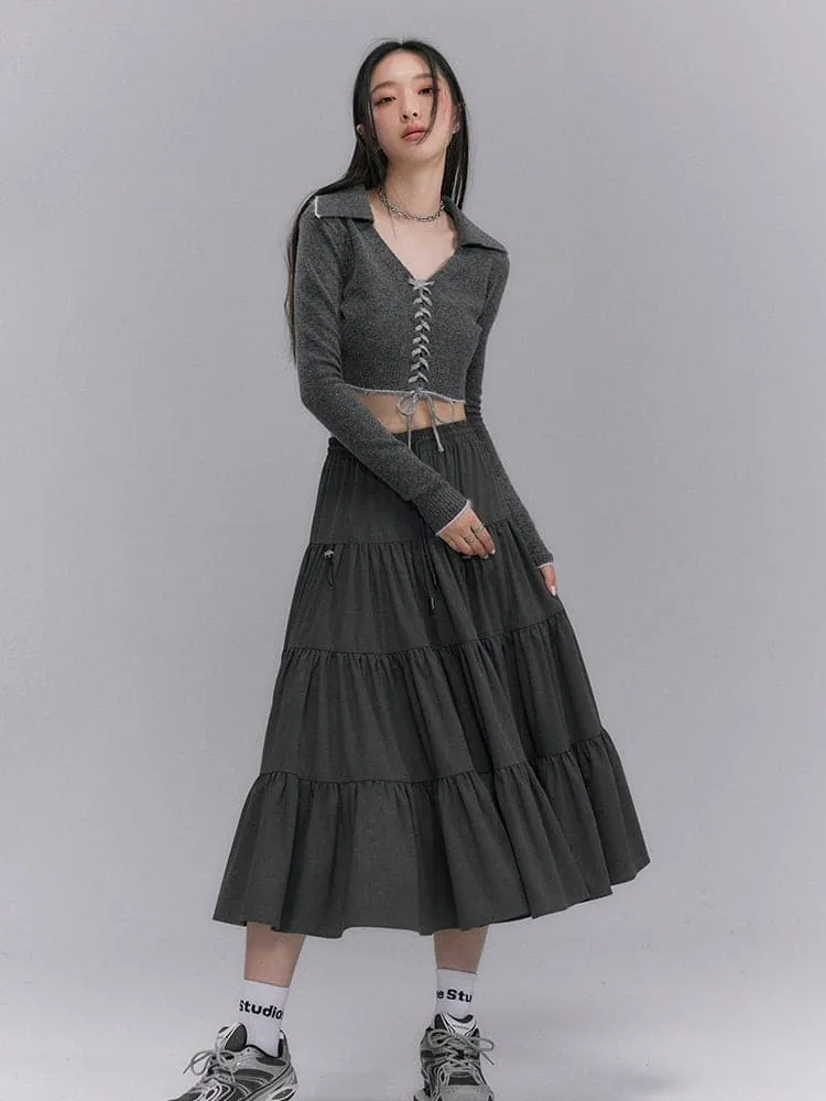 Crumply Flare Drawstring Tiered Long-Skirt