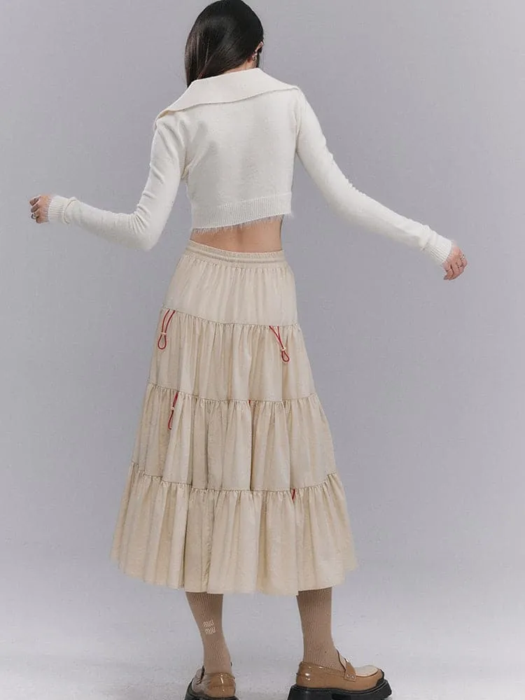 Crumply Flare Drawstring Tiered Long-Skirt