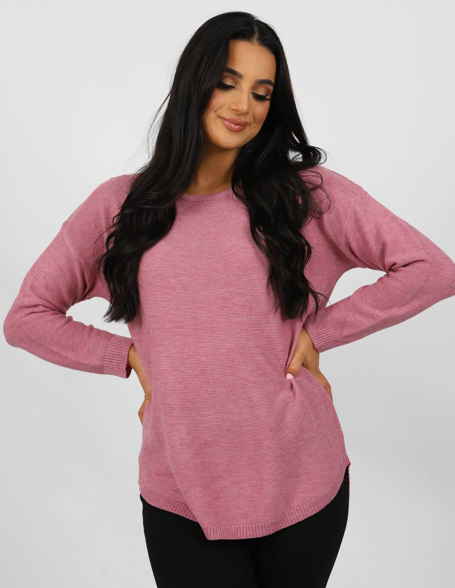 Curved Hem Pullover Knit Top - Light Shades