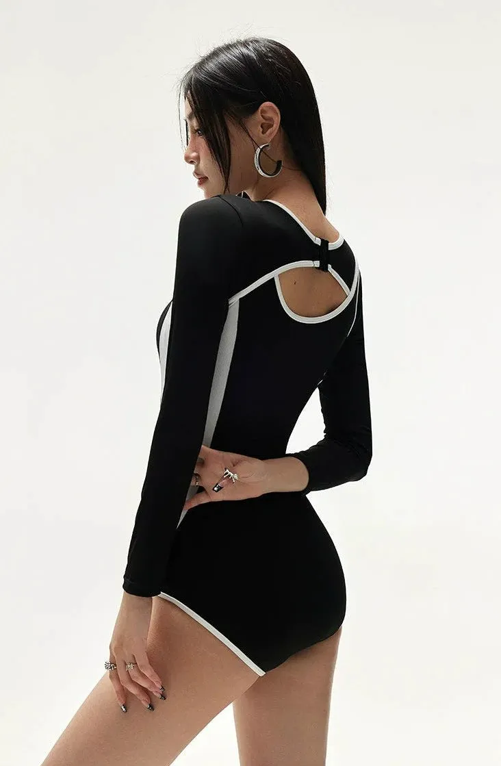 Cutout Two-Tone Contrast Hem Long Sleeve Swimsuit