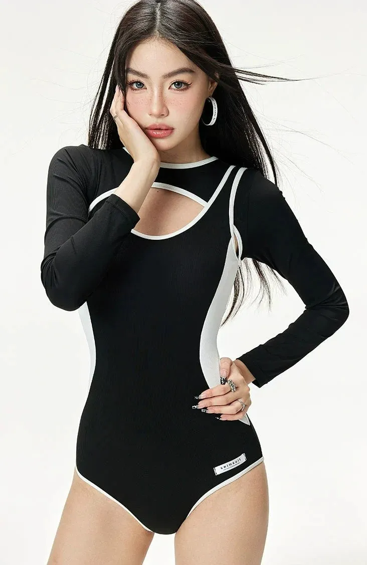 Cutout Two-Tone Contrast Hem Long Sleeve Swimsuit