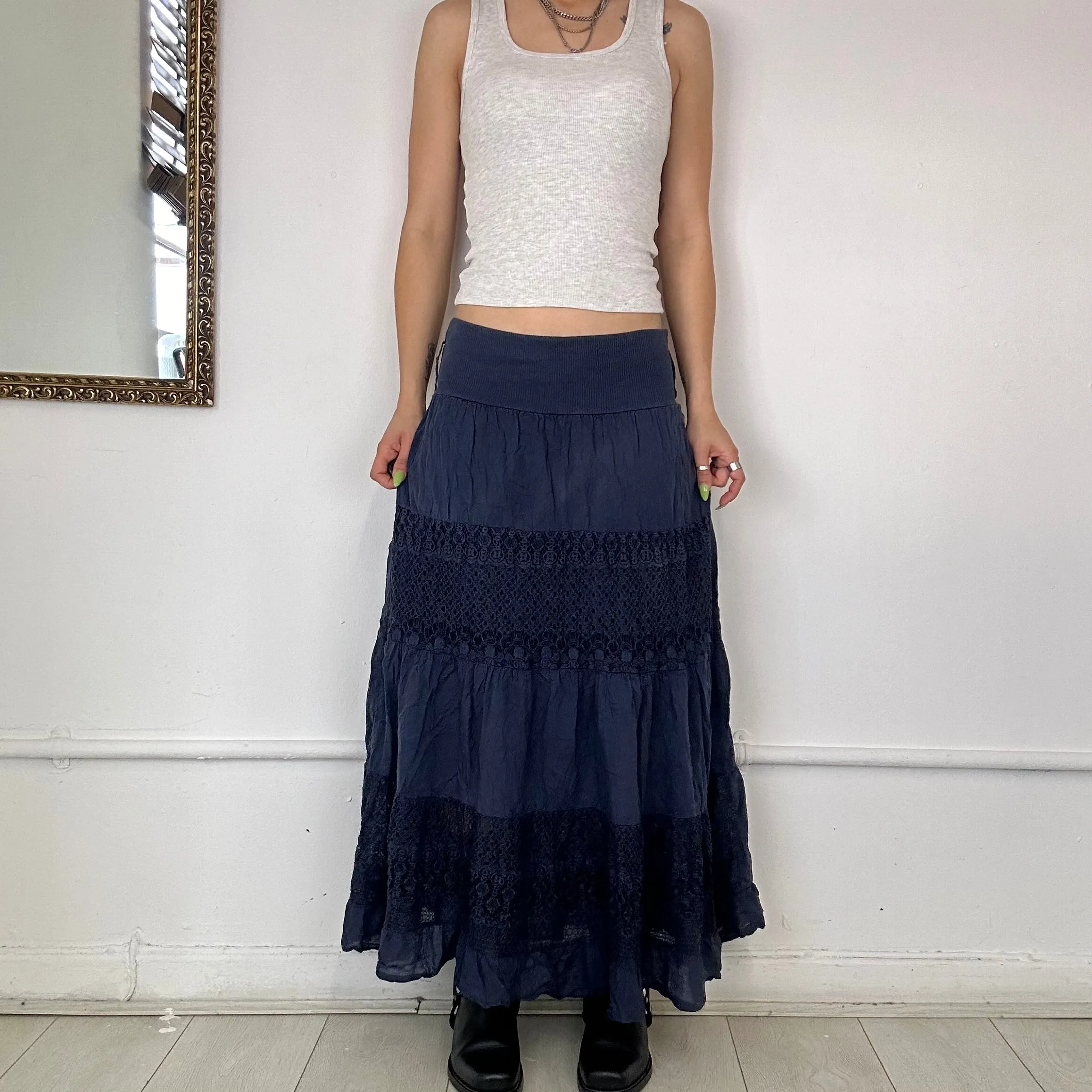 dark blue broderie maxi skirt