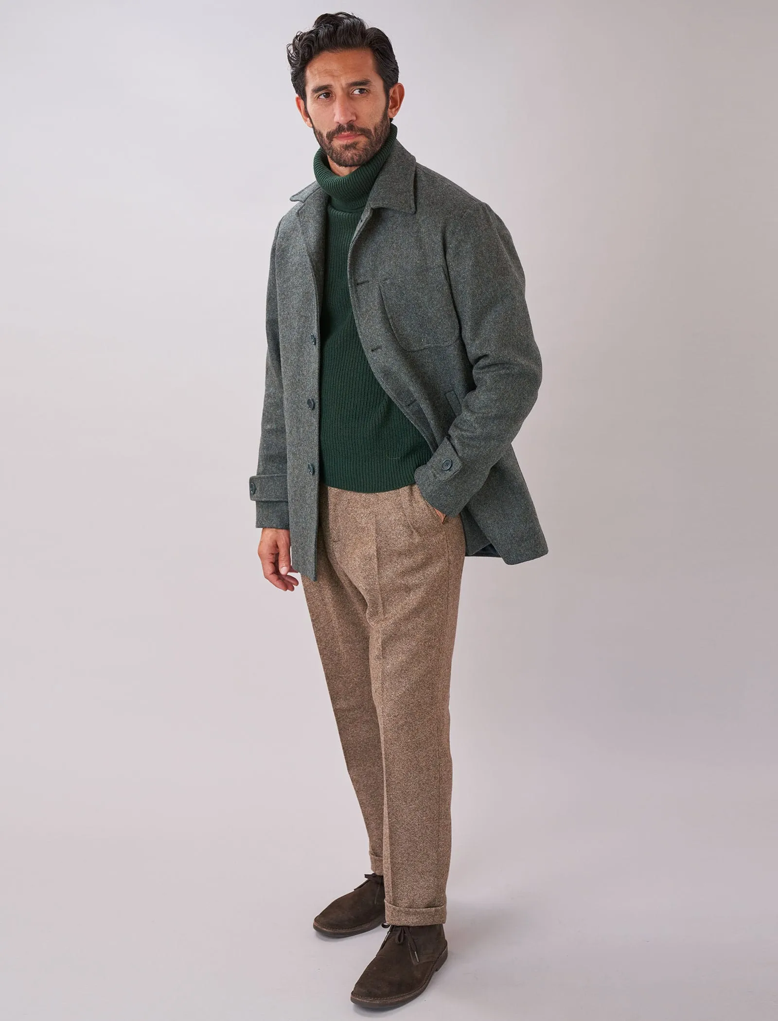 Dark Teal Herringbone Wool Overcoat