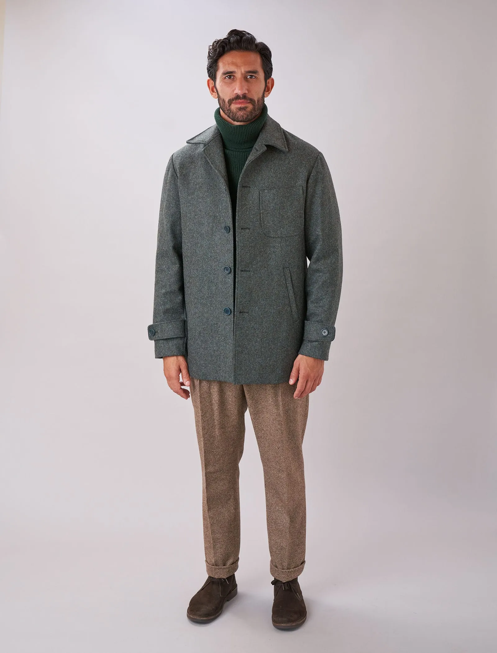 Dark Teal Herringbone Wool Overcoat