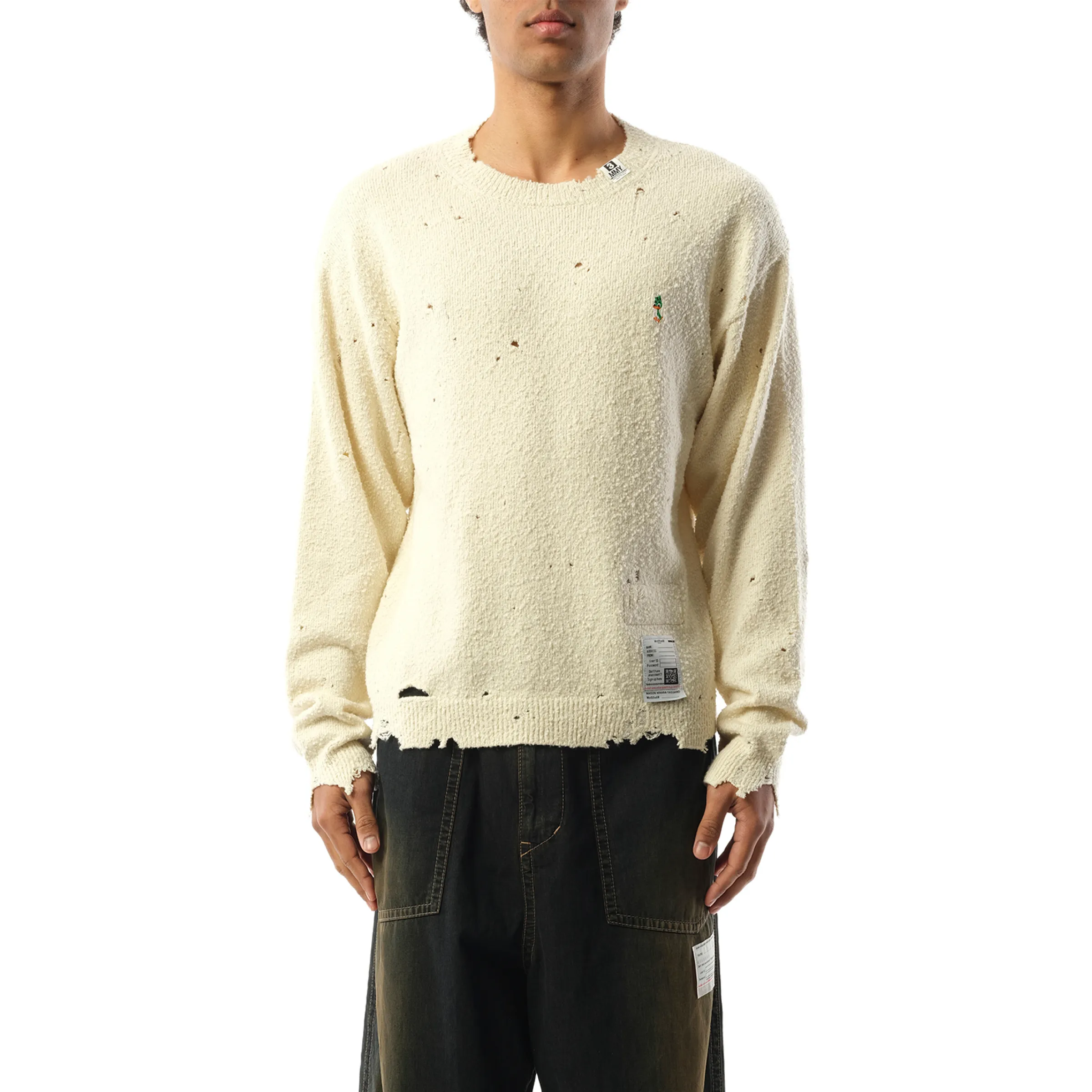 Distressed Knit Pullover in White