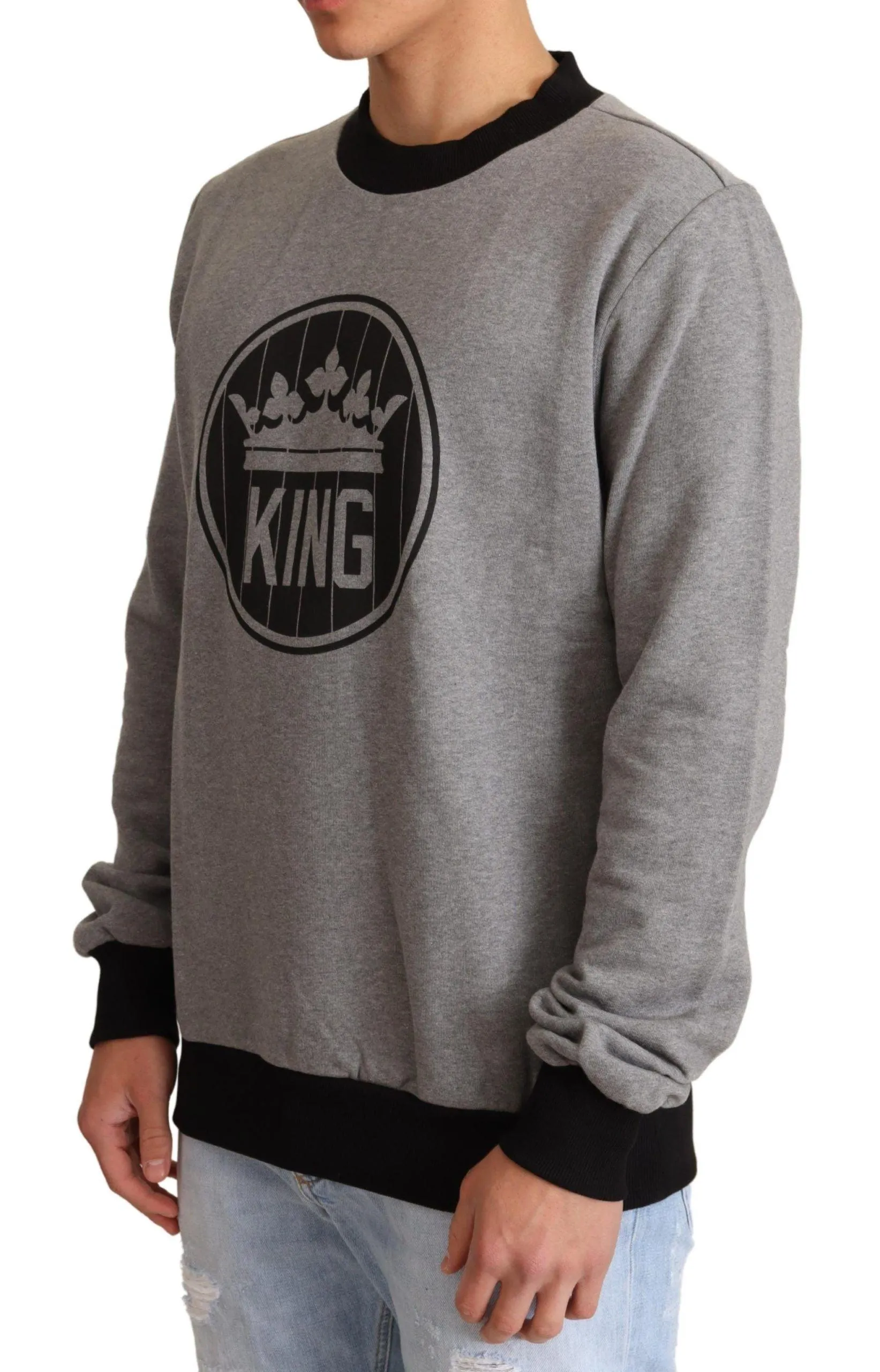 Dolce & Gabbana Gray Crown King Cotton Pullover Sweater