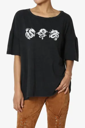 Dragon Print Washed Cotton Oversized T-Shirt