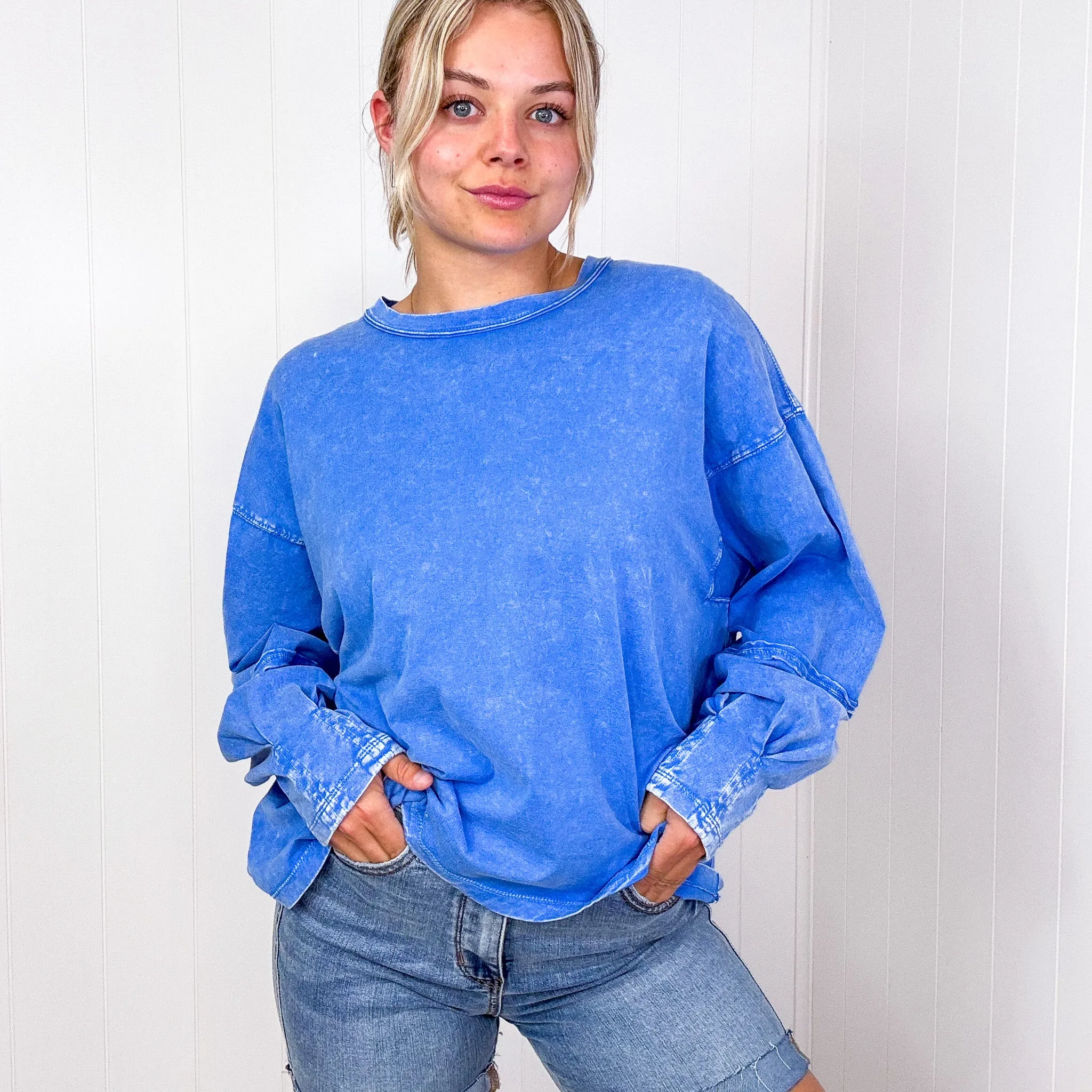 Easel Mineral Washed Pleated Wrist Long Sleeve Top in 4 Colors