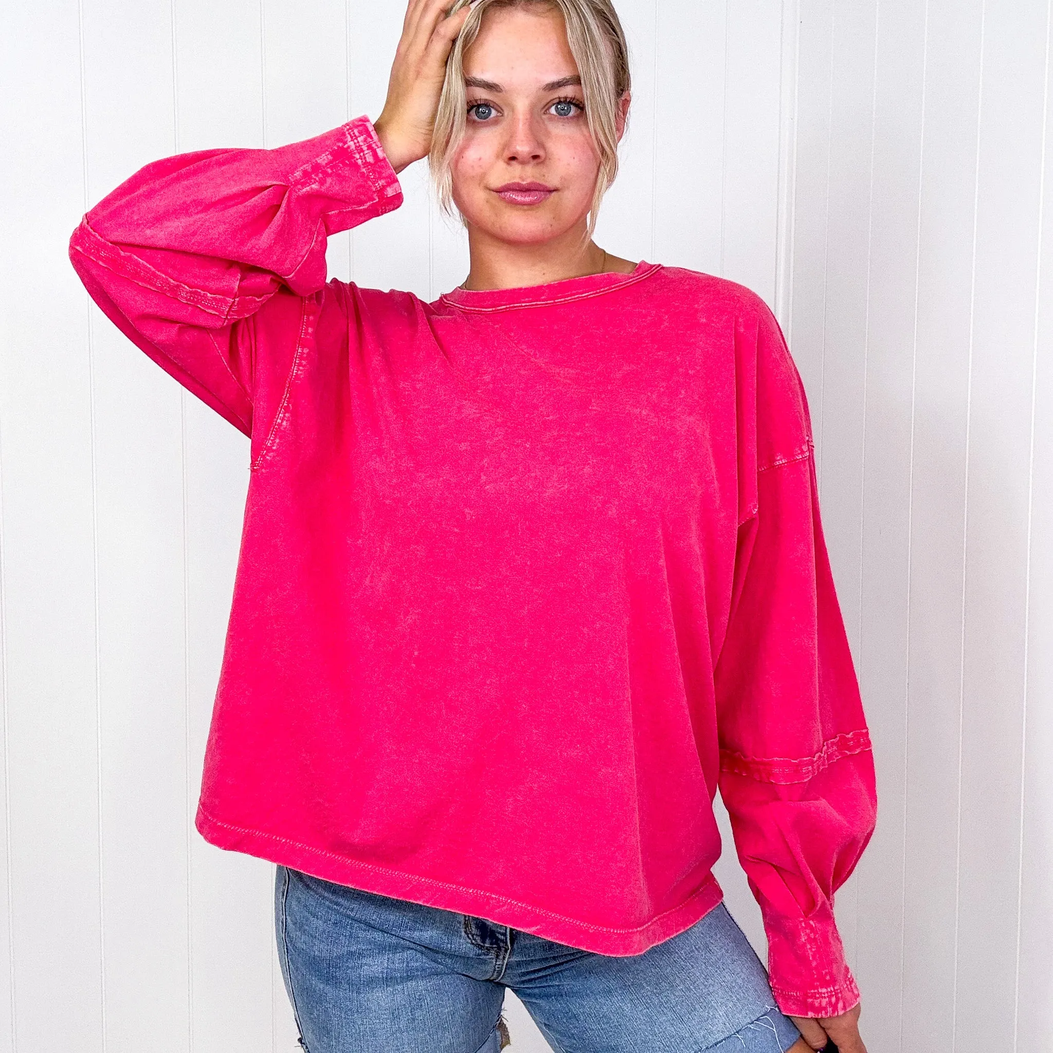 Easel Mineral Washed Pleated Wrist Long Sleeve Top in 4 Colors