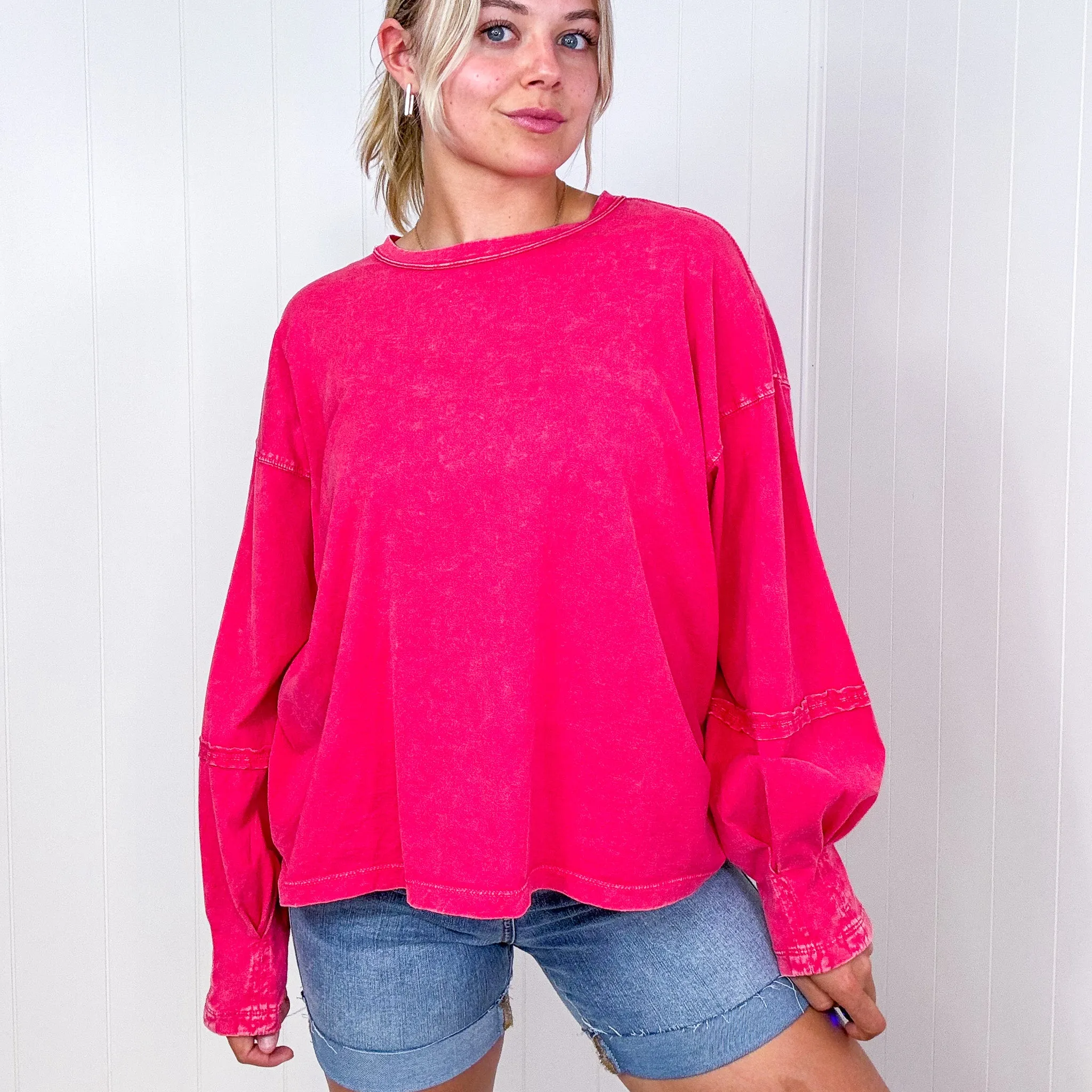 Easel Mineral Washed Pleated Wrist Long Sleeve Top in 4 Colors