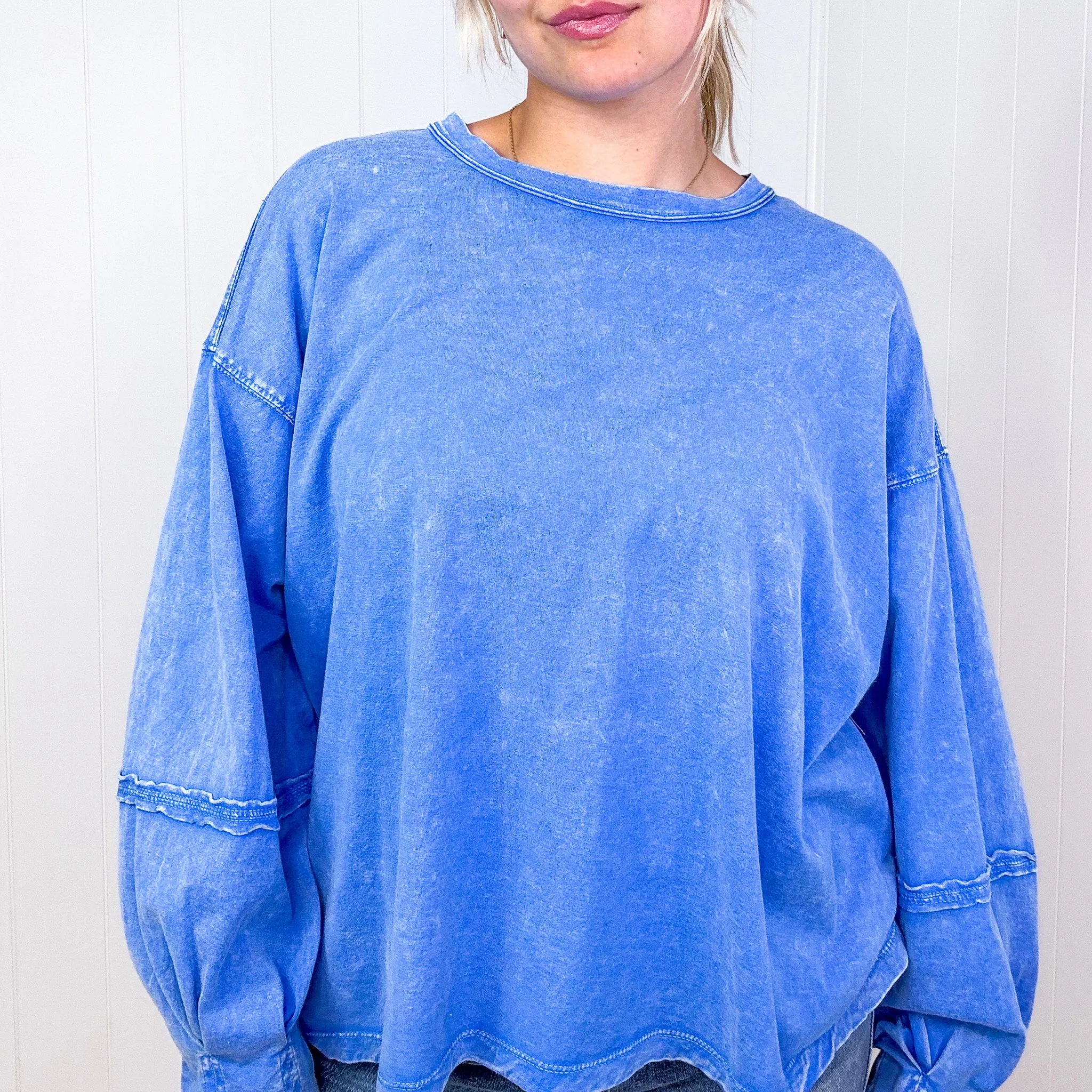 Easel Mineral Washed Pleated Wrist Long Sleeve Top in 4 Colors