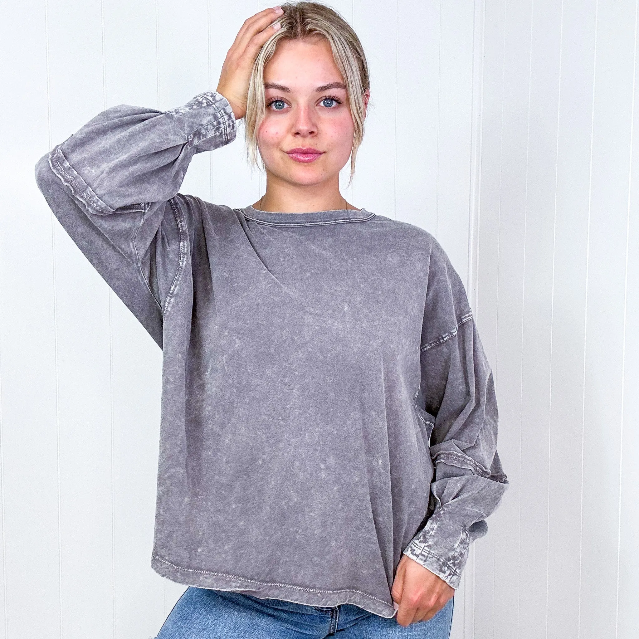 Easel Mineral Washed Pleated Wrist Long Sleeve Top in 4 Colors