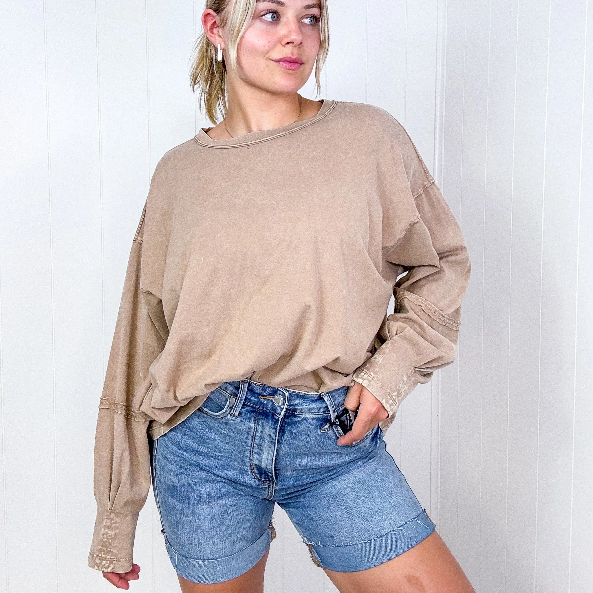 Easel Mineral Washed Pleated Wrist Long Sleeve Top in 4 Colors