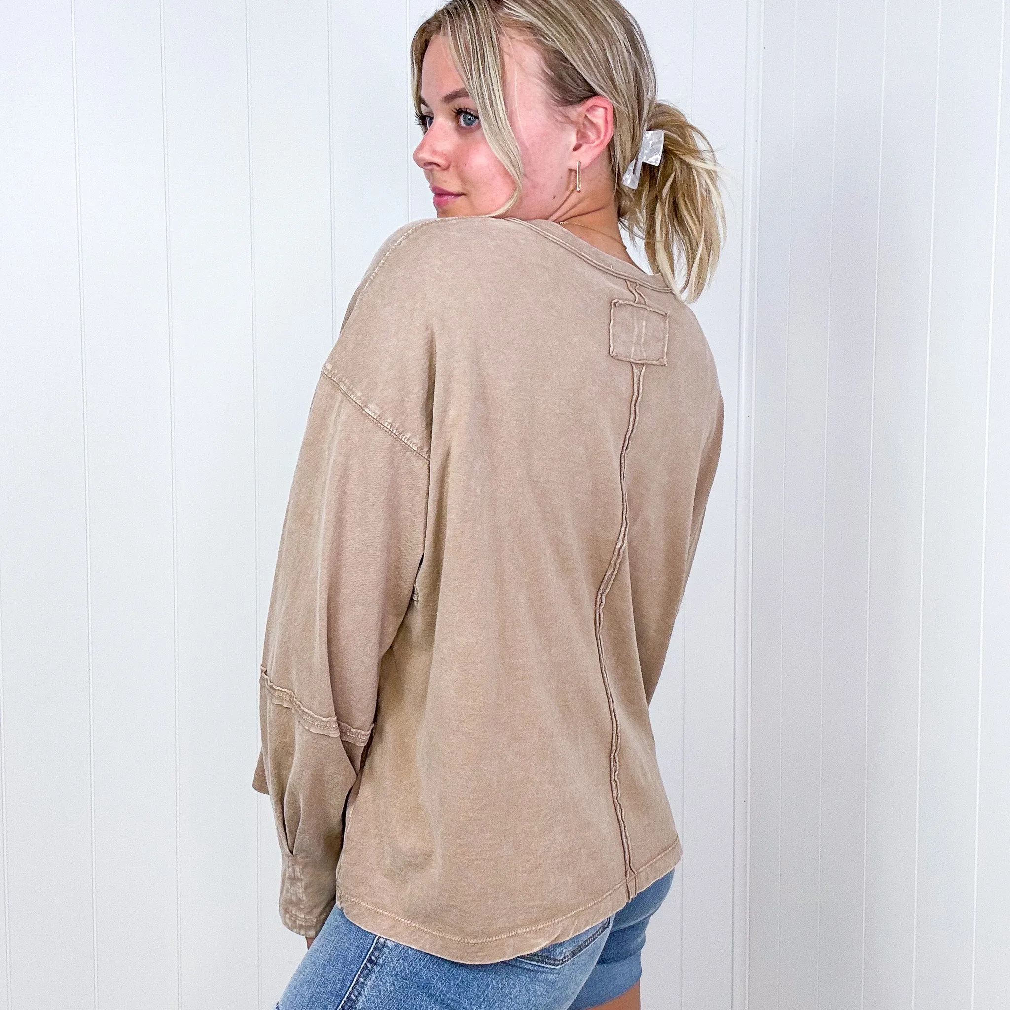 Easel Mineral Washed Pleated Wrist Long Sleeve Top in 4 Colors