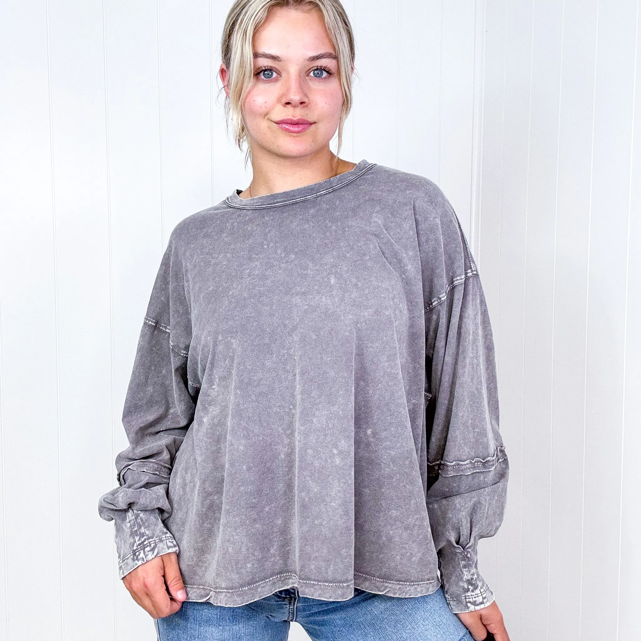 Easel Mineral Washed Pleated Wrist Long Sleeve Top in 4 Colors