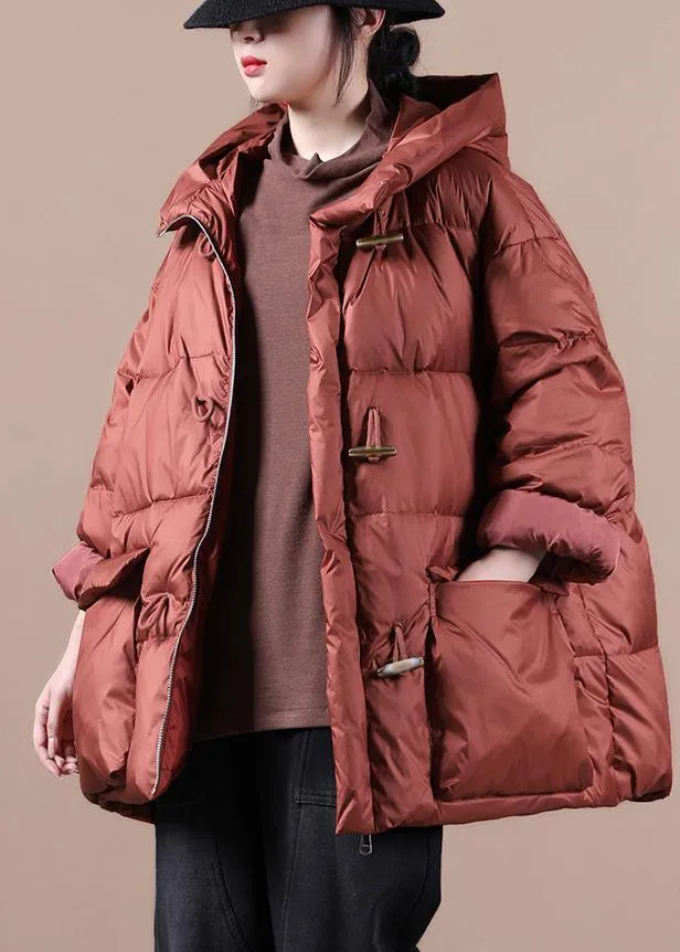 Elegant red warm winter coat Loose fitting womens parka hooded pockets Warm overcoat