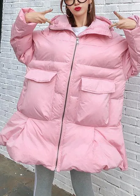 Elegant trendy plus size Jackets & Coats big pockets outwear pink thick hooded overcoat