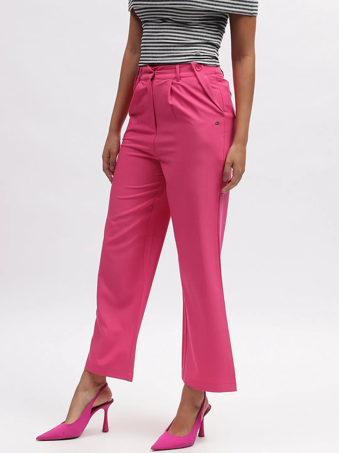 Elle Women Fuchsia Solid Straight Fit Trouser