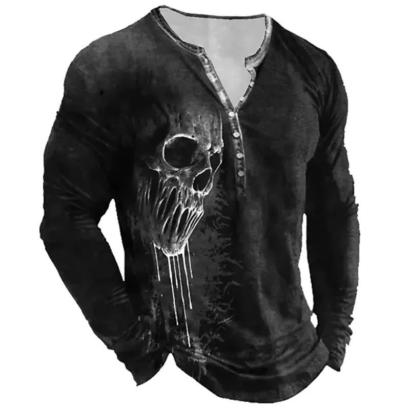 European And American Vintage Print Seven Button Open Placket Skull Long Sleeve T-shirt