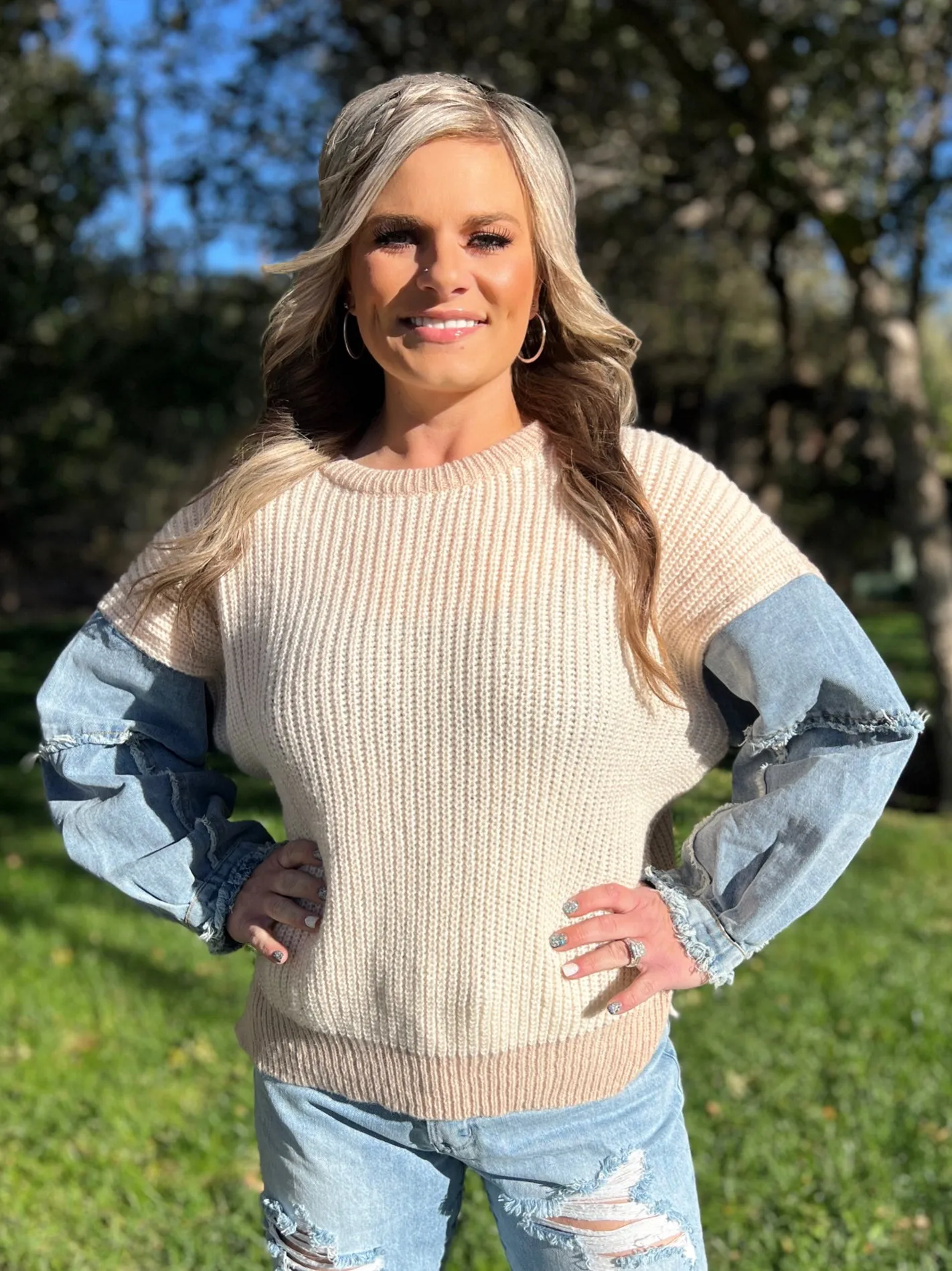 Frayed Denim Sleeve Sweater Top - 4 Color Options