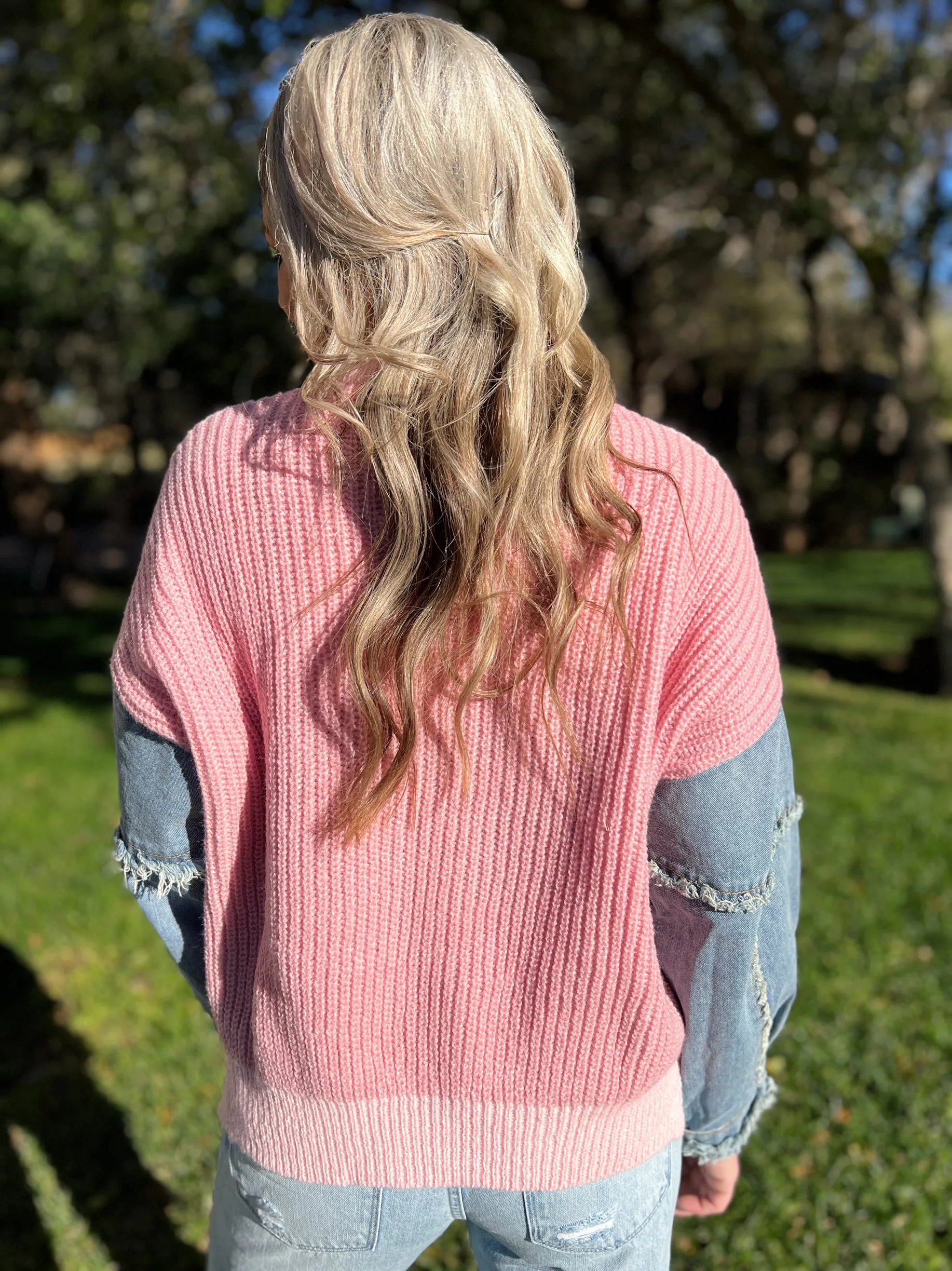 Frayed Denim Sleeve Sweater Top - 4 Color Options