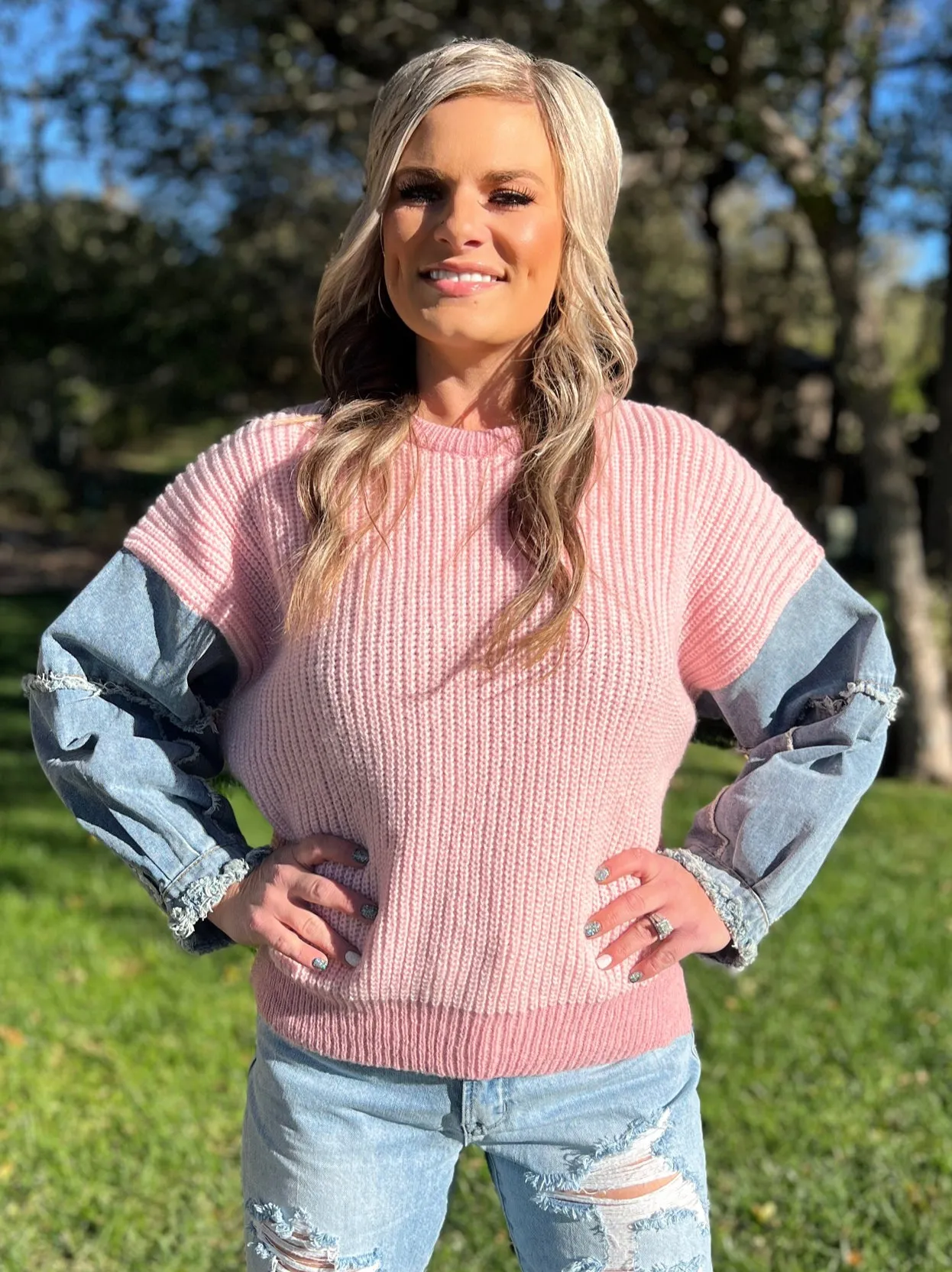 Frayed Denim Sleeve Sweater Top - 4 Color Options