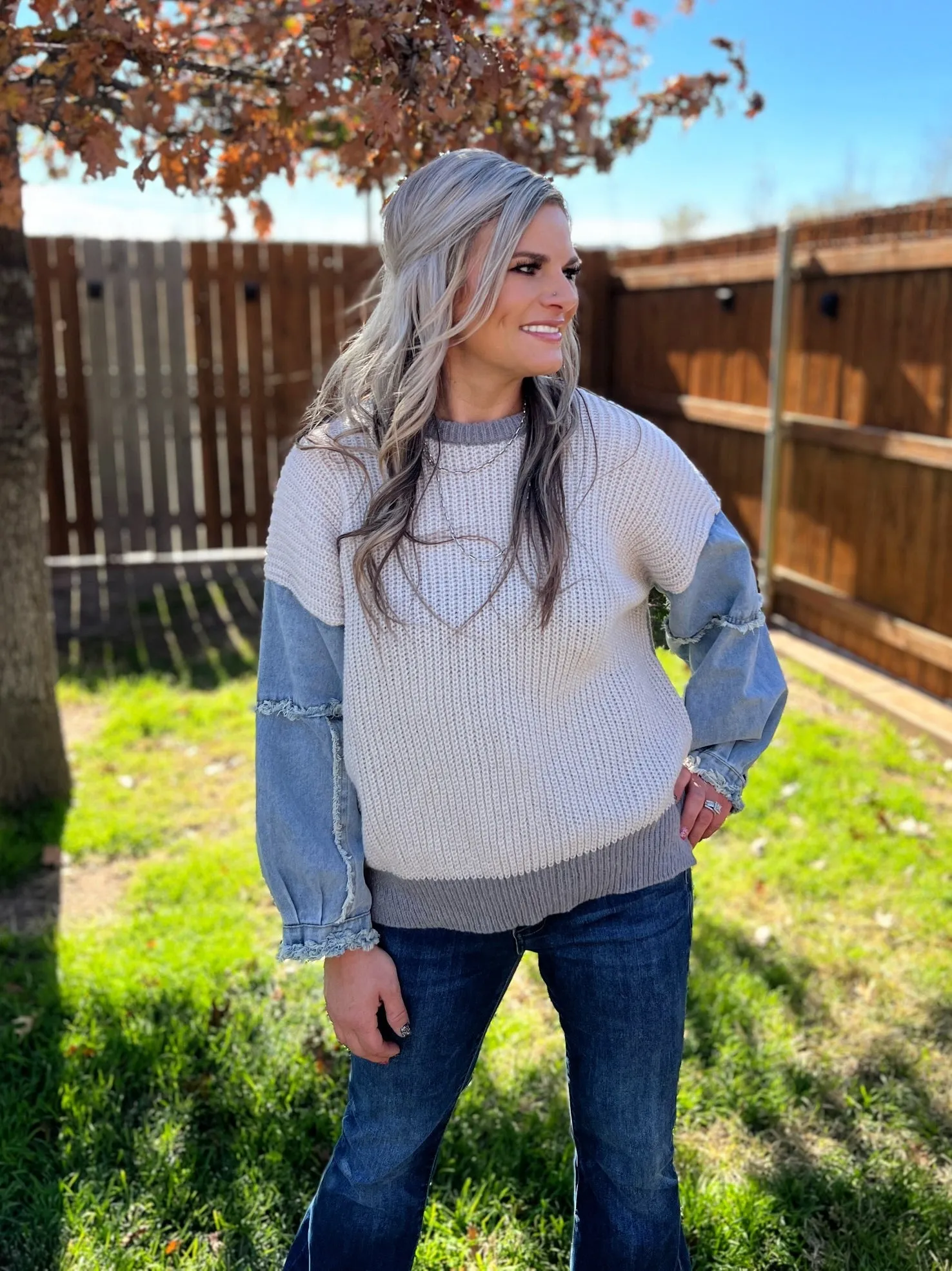 Frayed Denim Sleeve Sweater Top - 4 Color Options