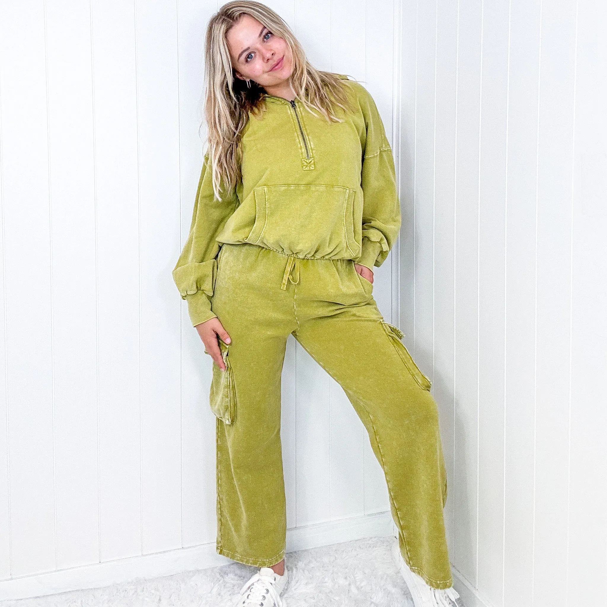 Fun on Fridays Mineral Washed Terry Knit Pullover Hoodie in Pistachio