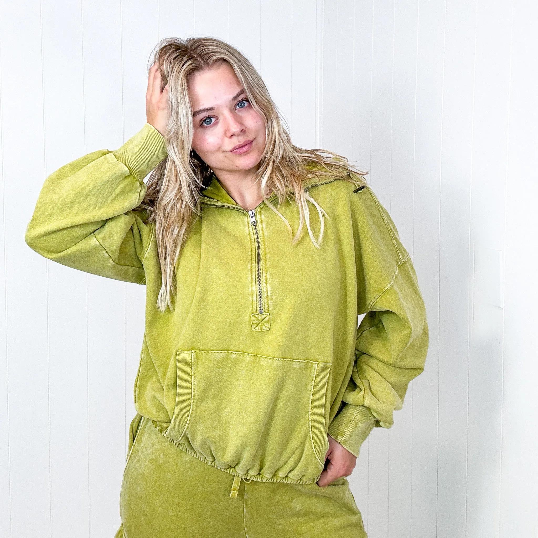 Fun on Fridays Mineral Washed Terry Knit Pullover Hoodie in Pistachio