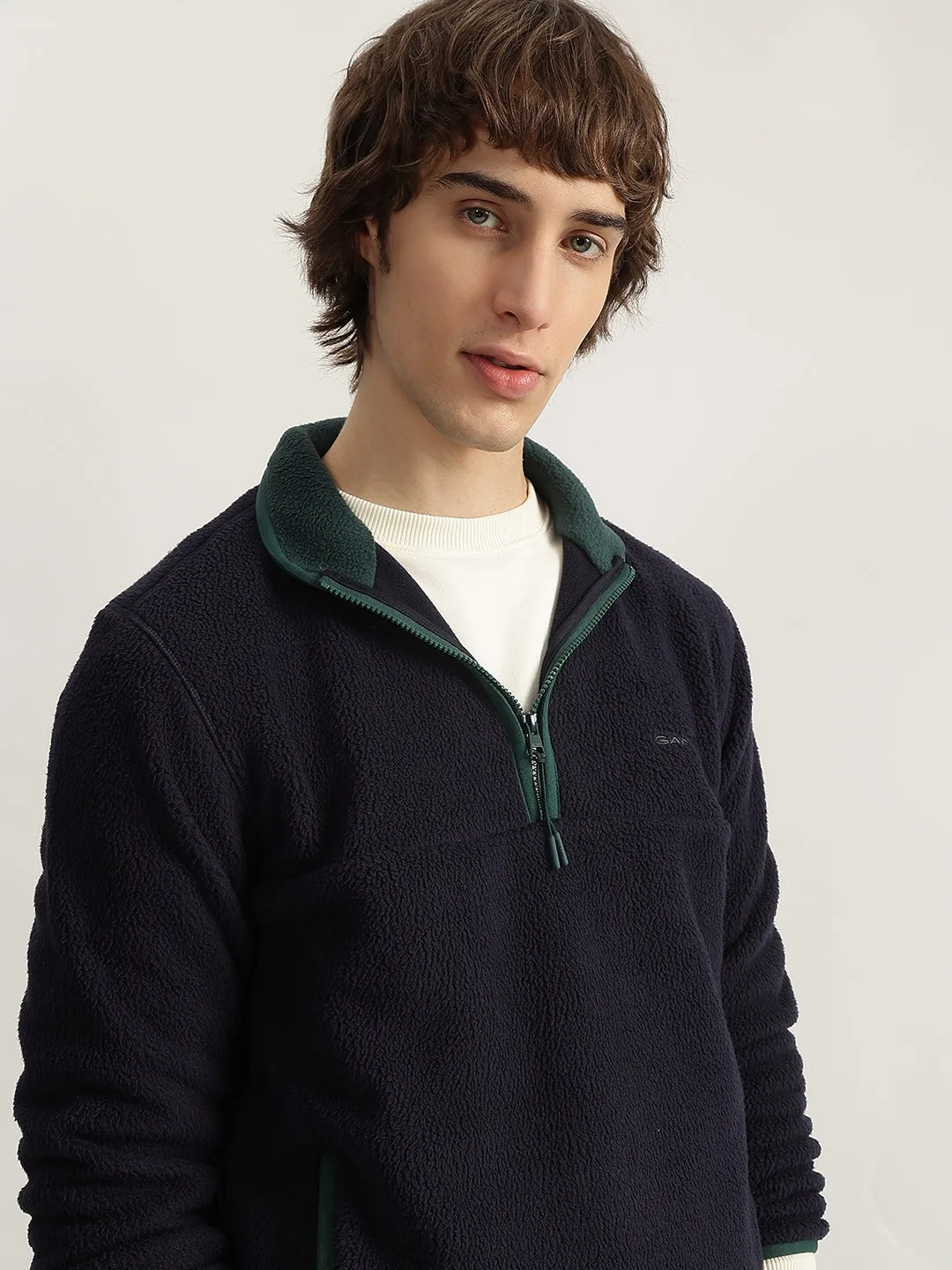 Gant Men Blue Solid Collared Full Sleeves Pullover