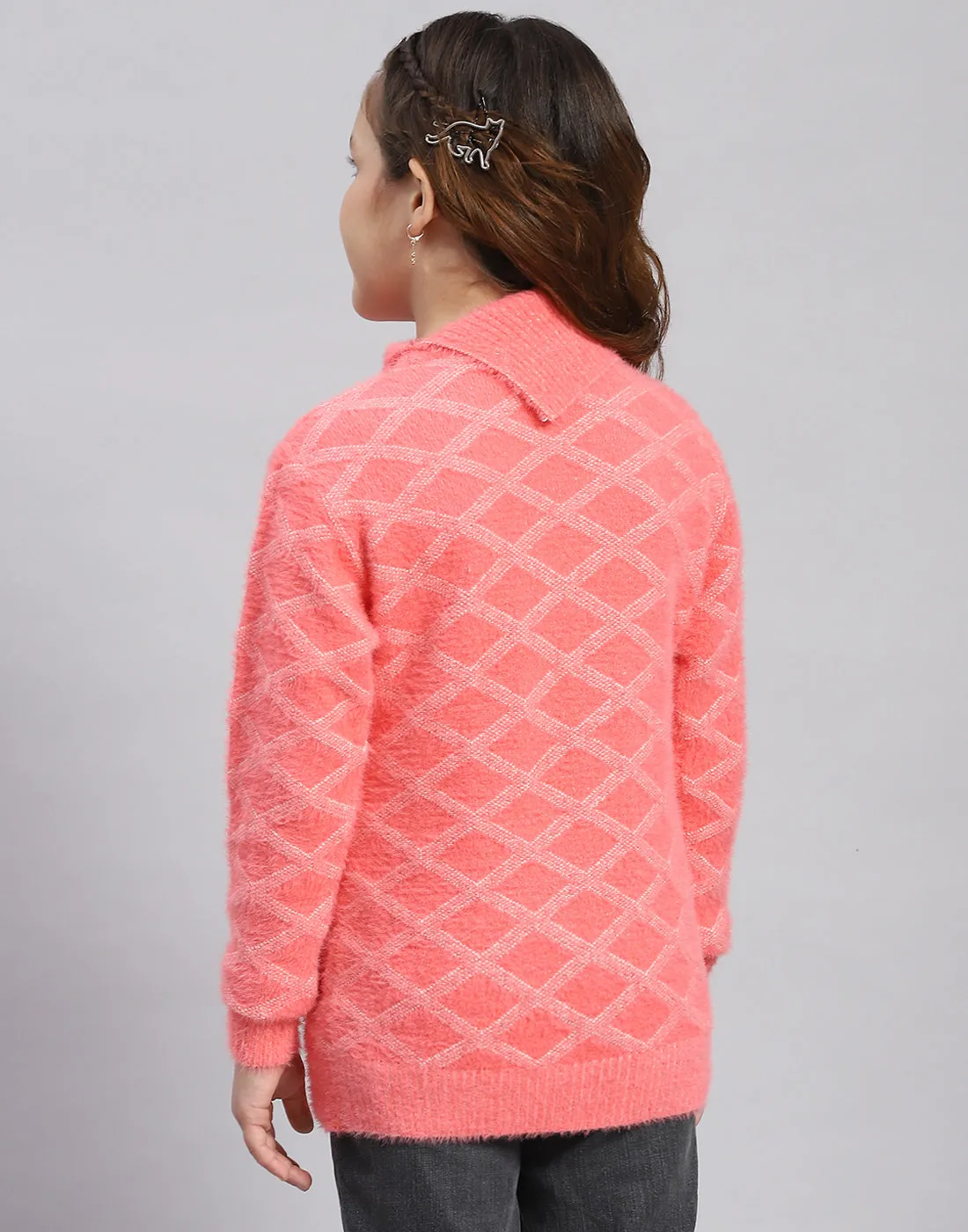 Girls Coral Self Design F Neck Full Sleeve Sweater