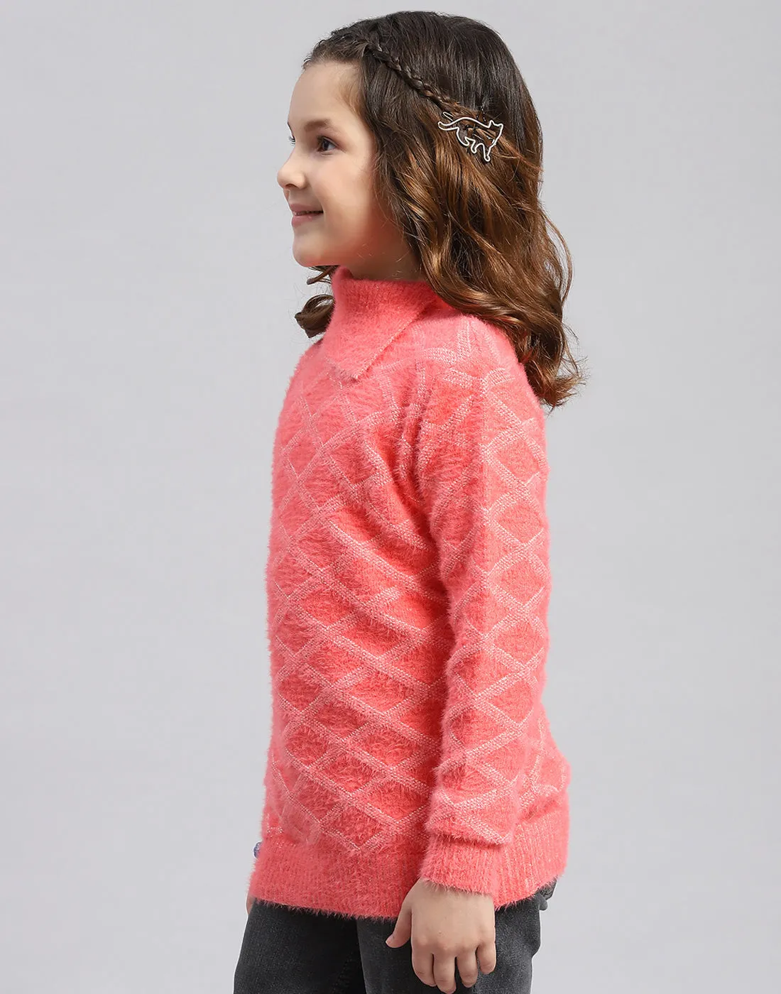 Girls Coral Self Design F Neck Full Sleeve Sweater