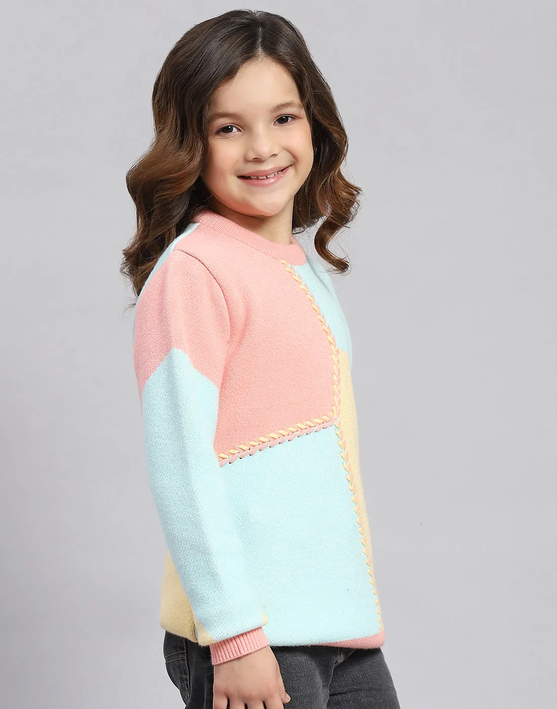 Girls Coral Self Design Round Neck Full Sleeve Sweater