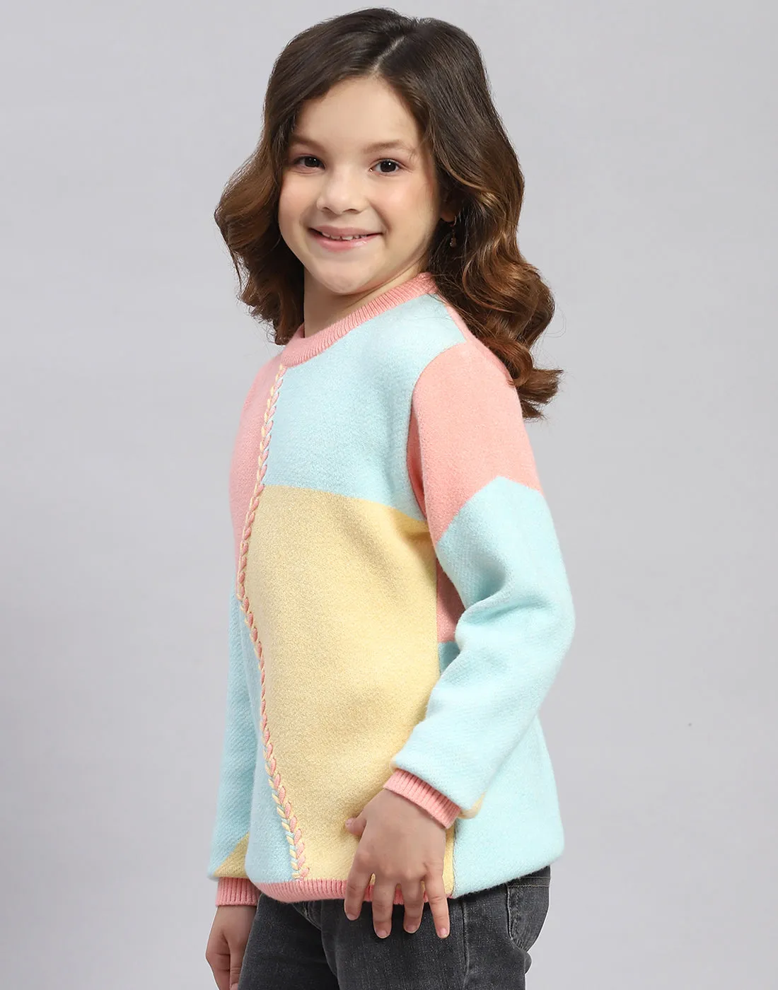 Girls Coral Self Design Round Neck Full Sleeve Sweater