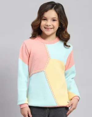 Girls Coral Self Design Round Neck Full Sleeve Sweater