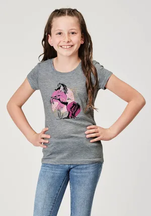 GIRLS SHORT SLEEVE LIGHT GREY POLY RAYON WESTERN T SHIRT WITH SCREEN PRINT DECORATION