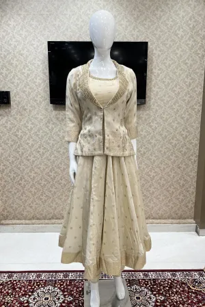 Golden Beige Anarkali Style Salwar Suit with Overcoat and Gathering Pants