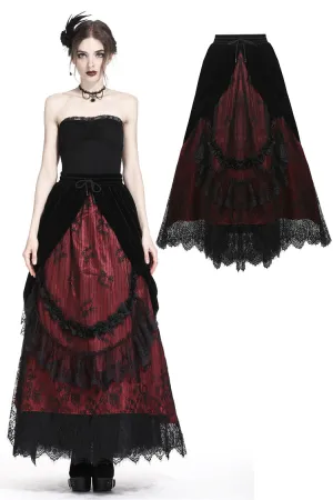 Gothic Black red wave velvet lace maxi skirt KW133RD