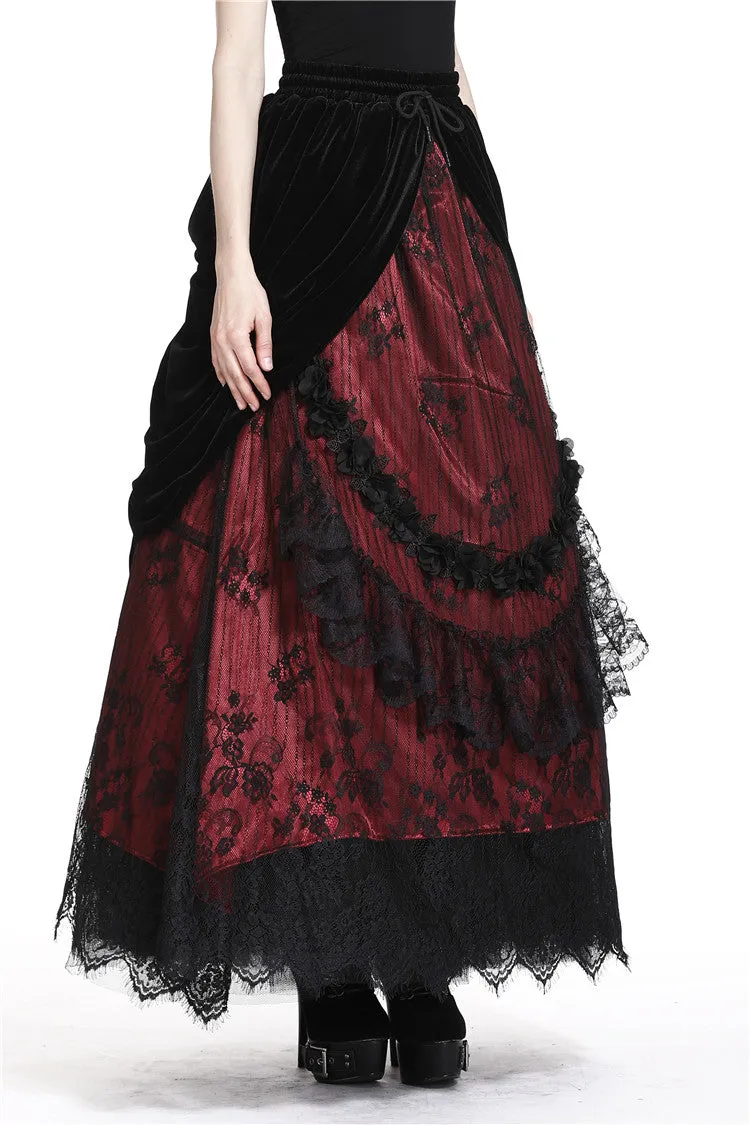 Gothic Black red wave velvet lace maxi skirt KW133RD