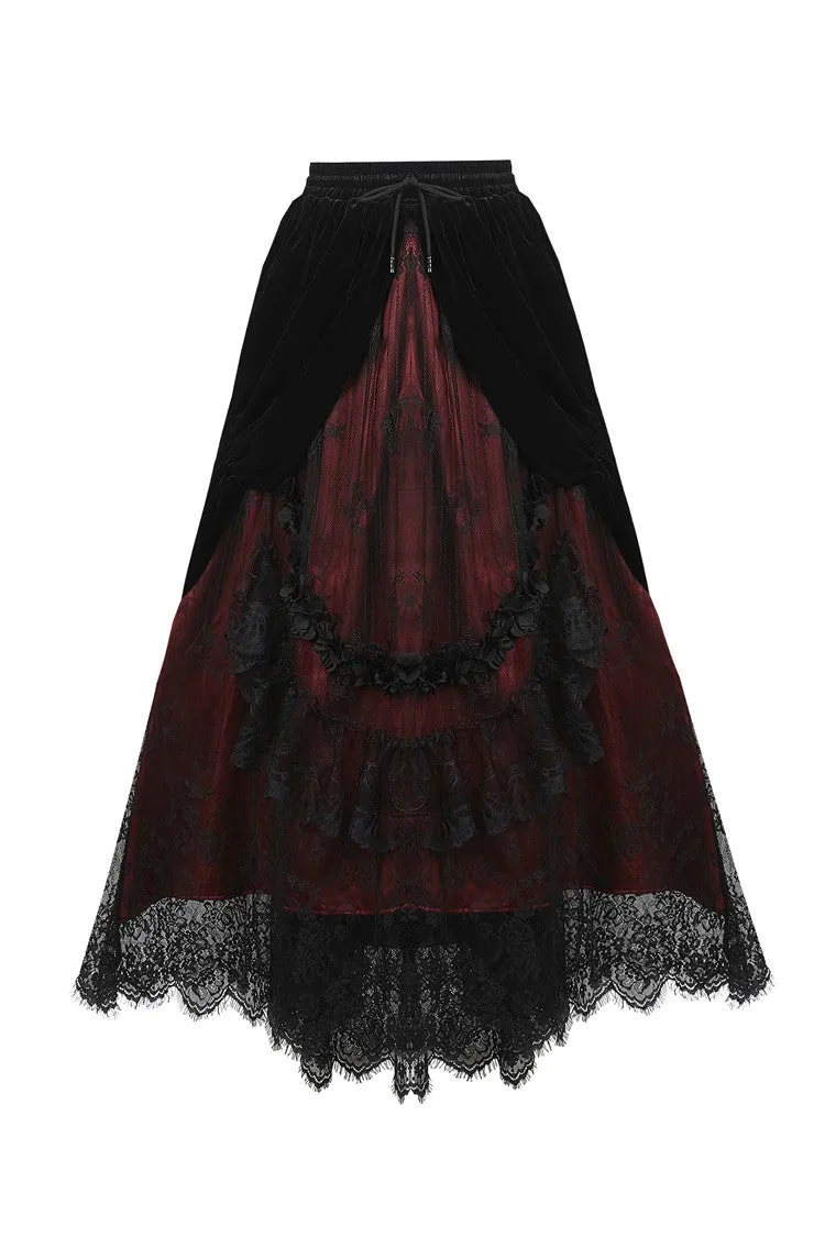 Gothic Black red wave velvet lace maxi skirt KW133RD