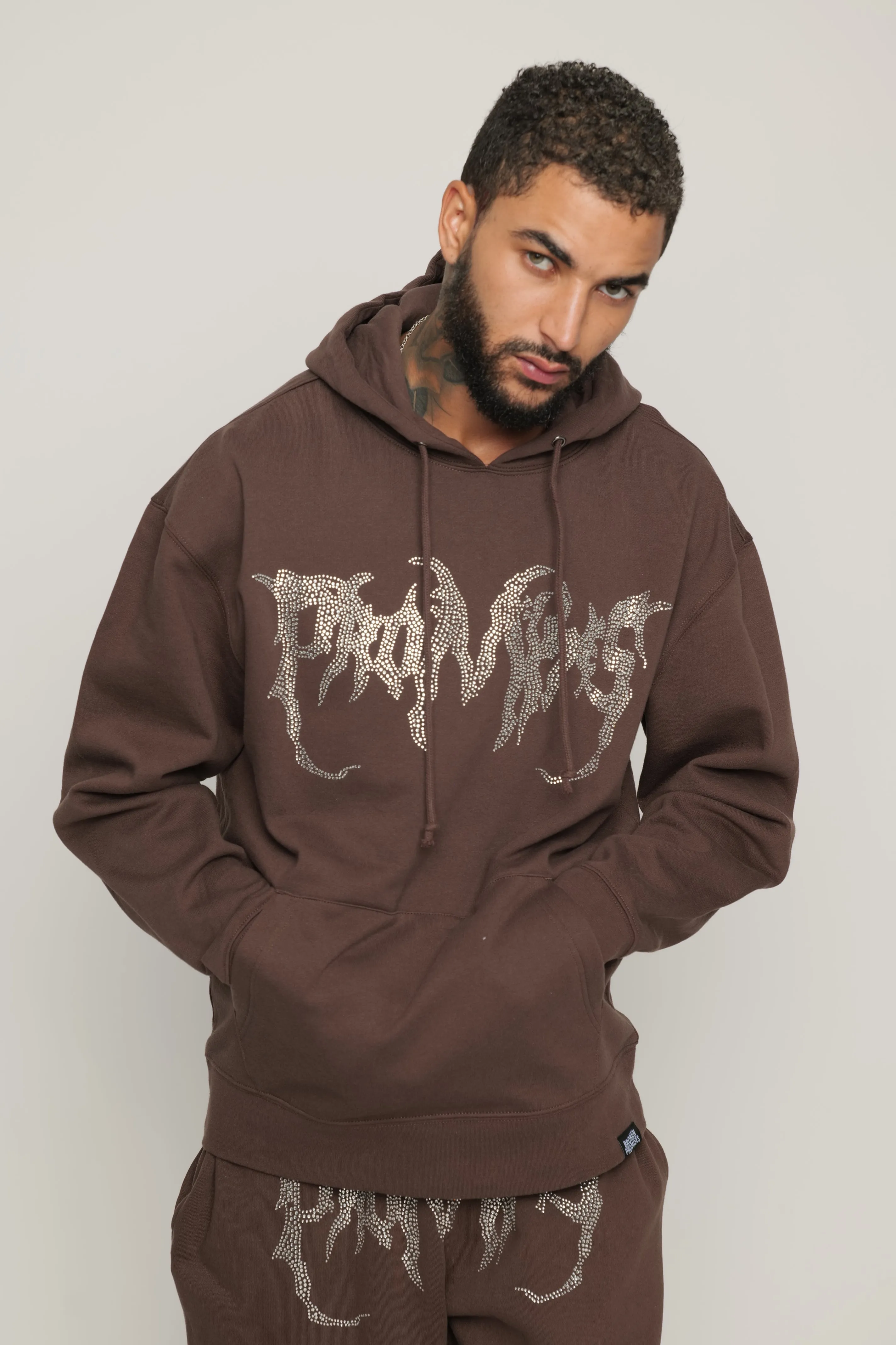 Graveyard Rhinestoned Hoodie Brown