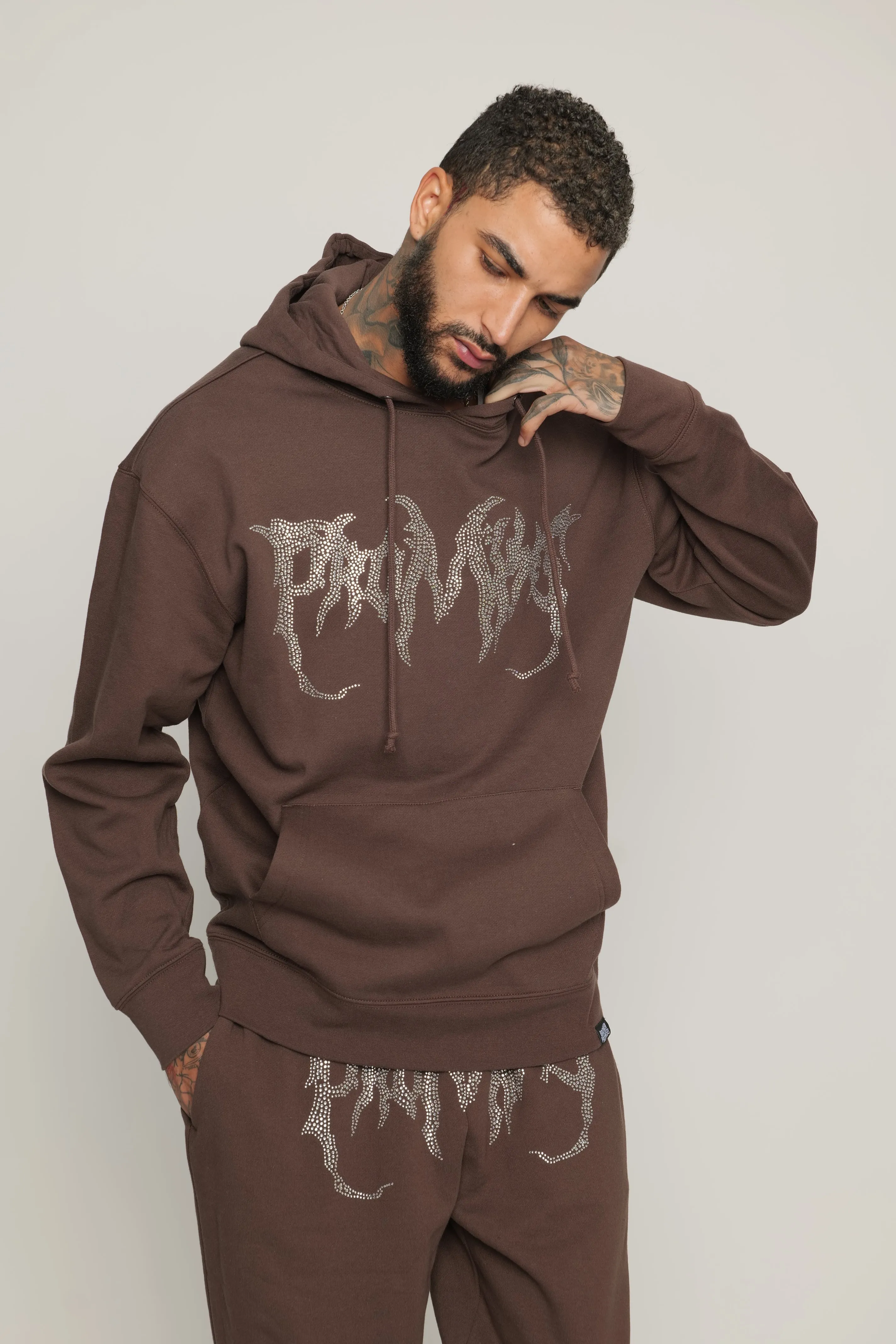 Graveyard Rhinestoned Hoodie Brown